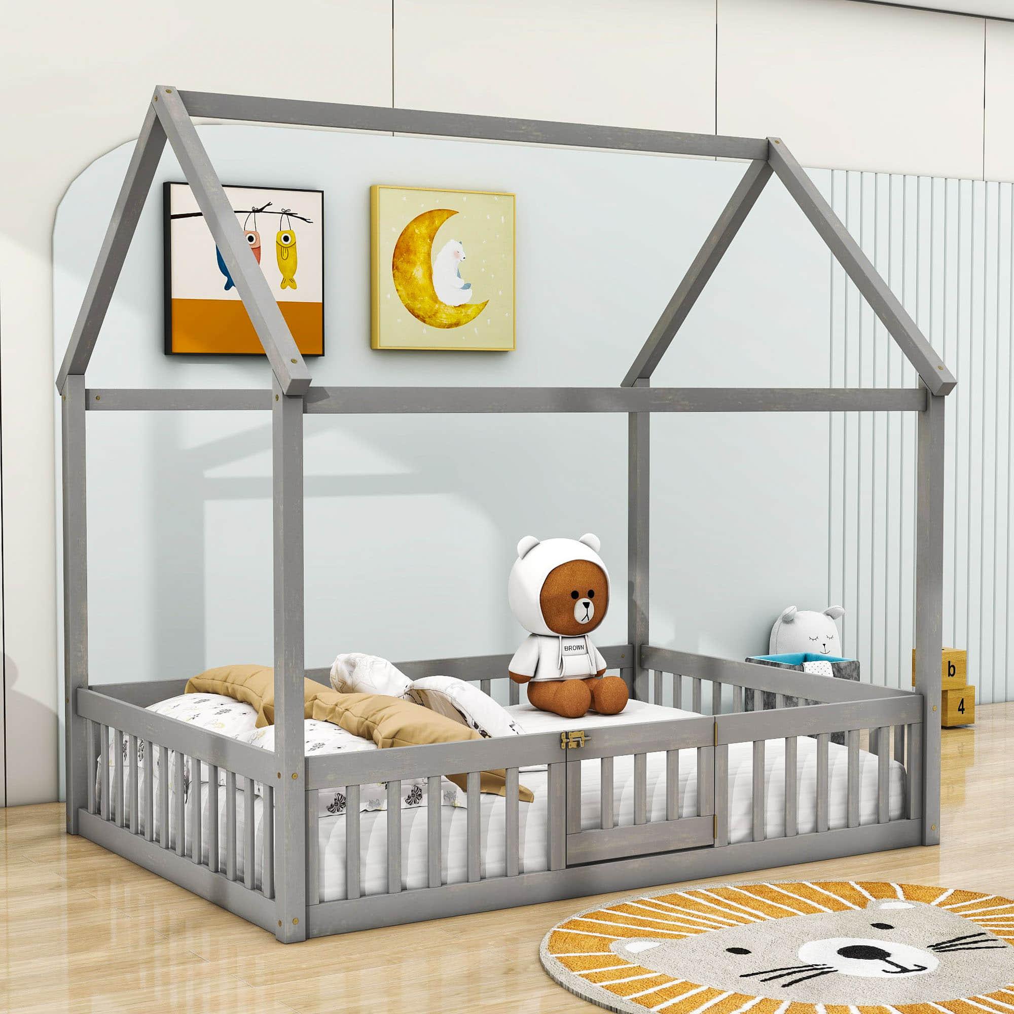 Full Size Wood House Toddler Floor Bed with Rails and Door