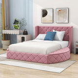 Upholstered Queen Platform Bed Frame with Wingback Headboard and Storage