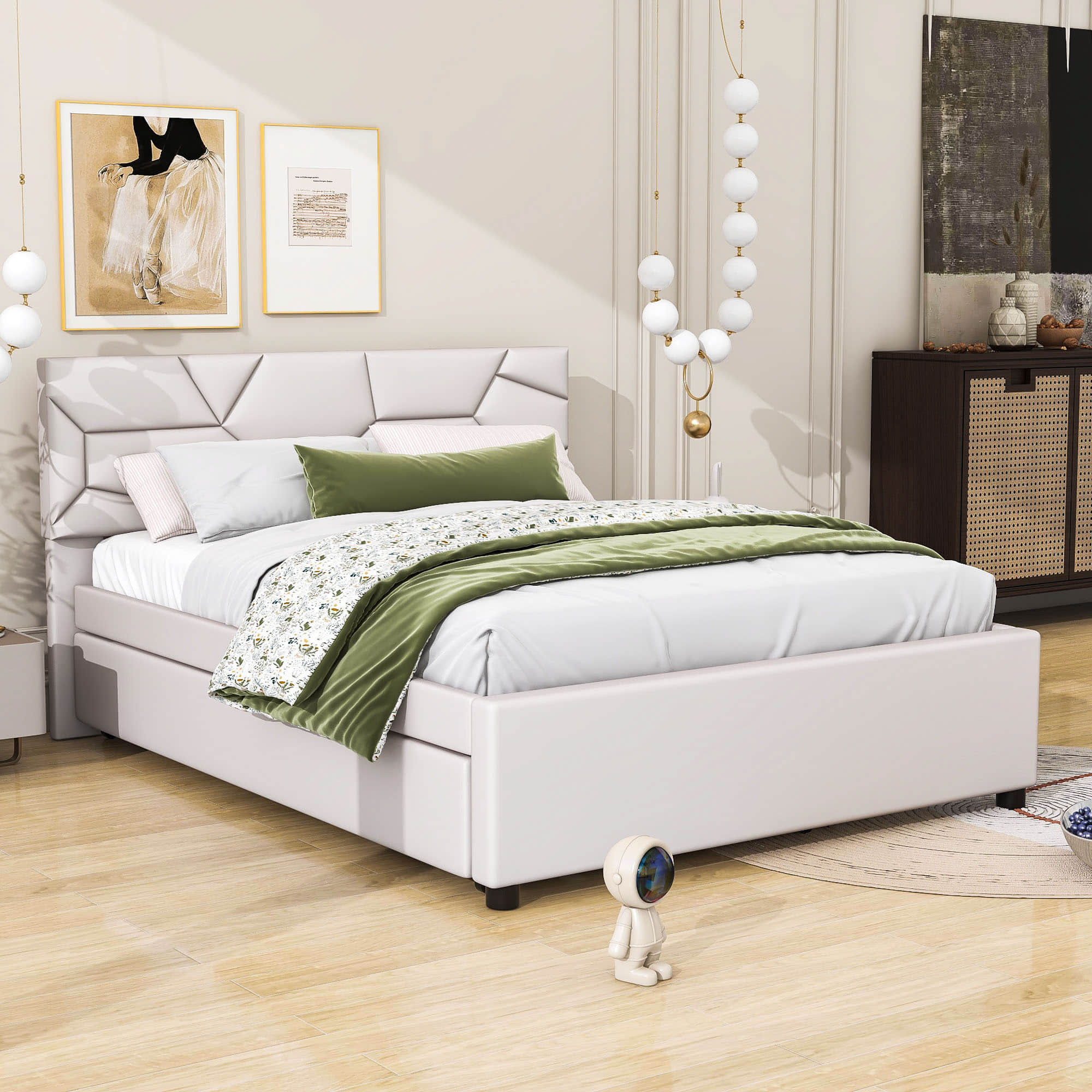 Queen Upholstered Platform Bed Frame with Headboard, Twin XL Trundle Bed