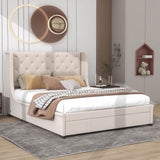 Queen Upholstered Bed Frame with Wingback Headboard and Storage