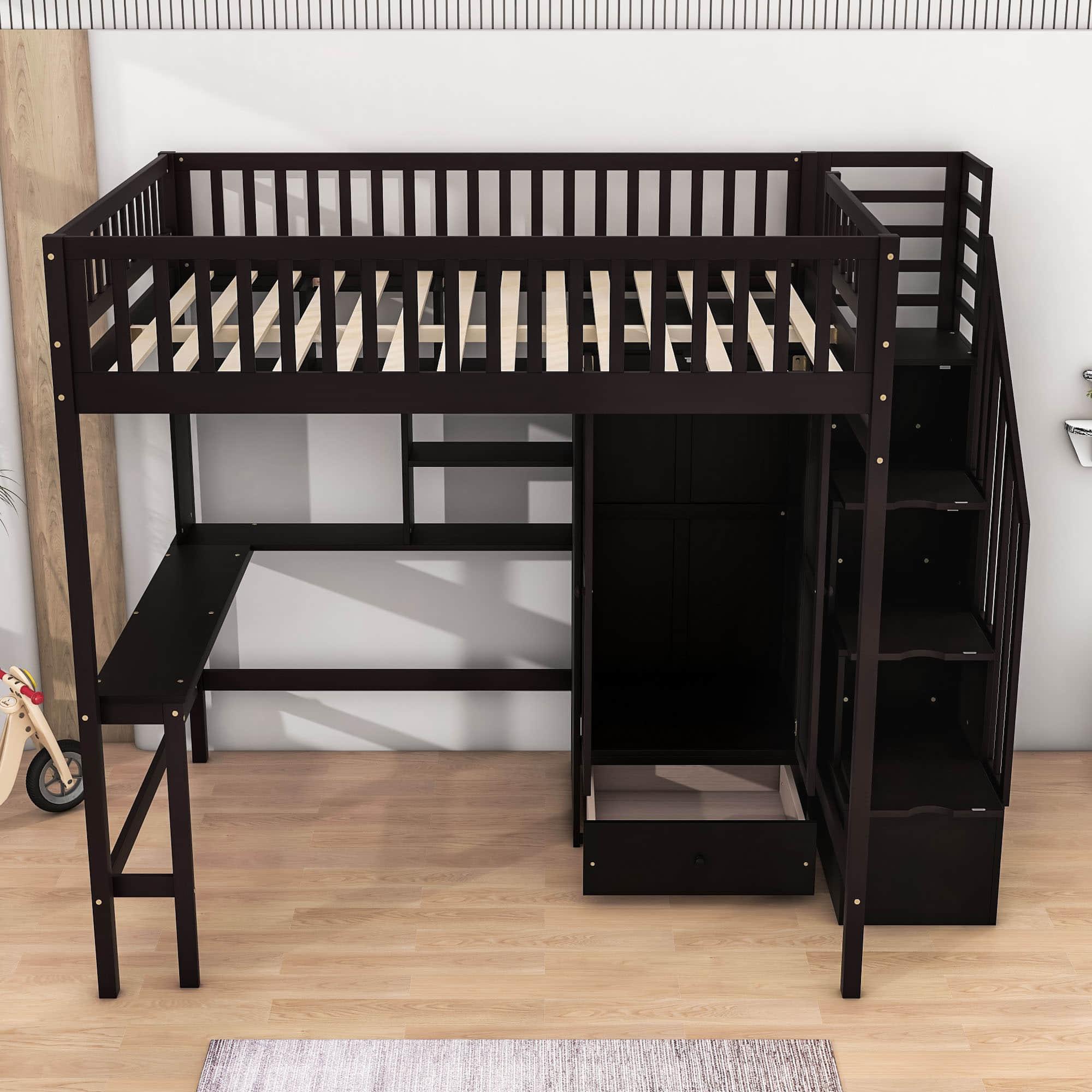 Full Size Loft Bed with Desk and Stairs, Storage - [Wood, Drawers, Wardrobe, Shelves]