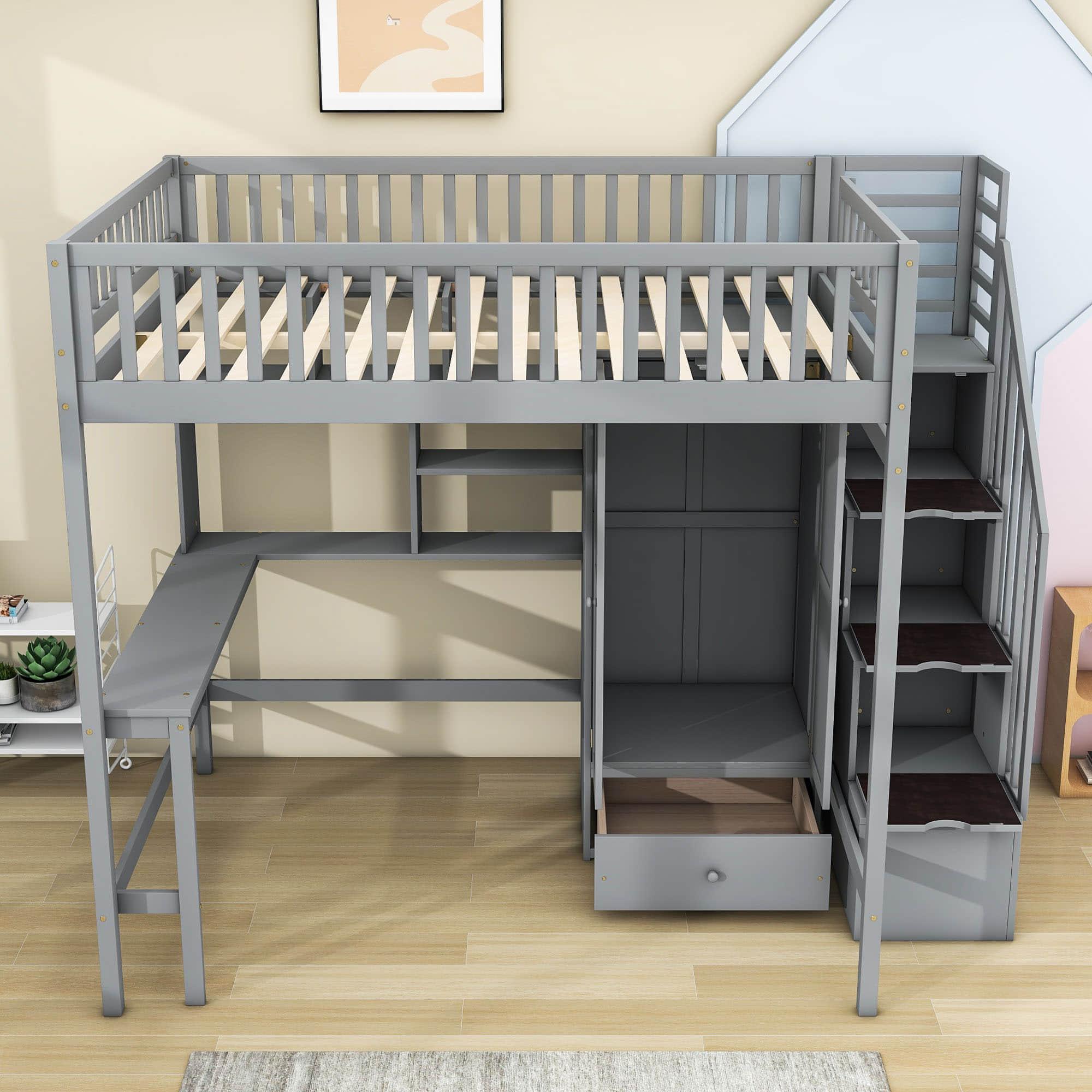 Full Size Loft Bed with Desk and Stairs, Storage - [Wood, Drawers, Wardrobe, Shelves]