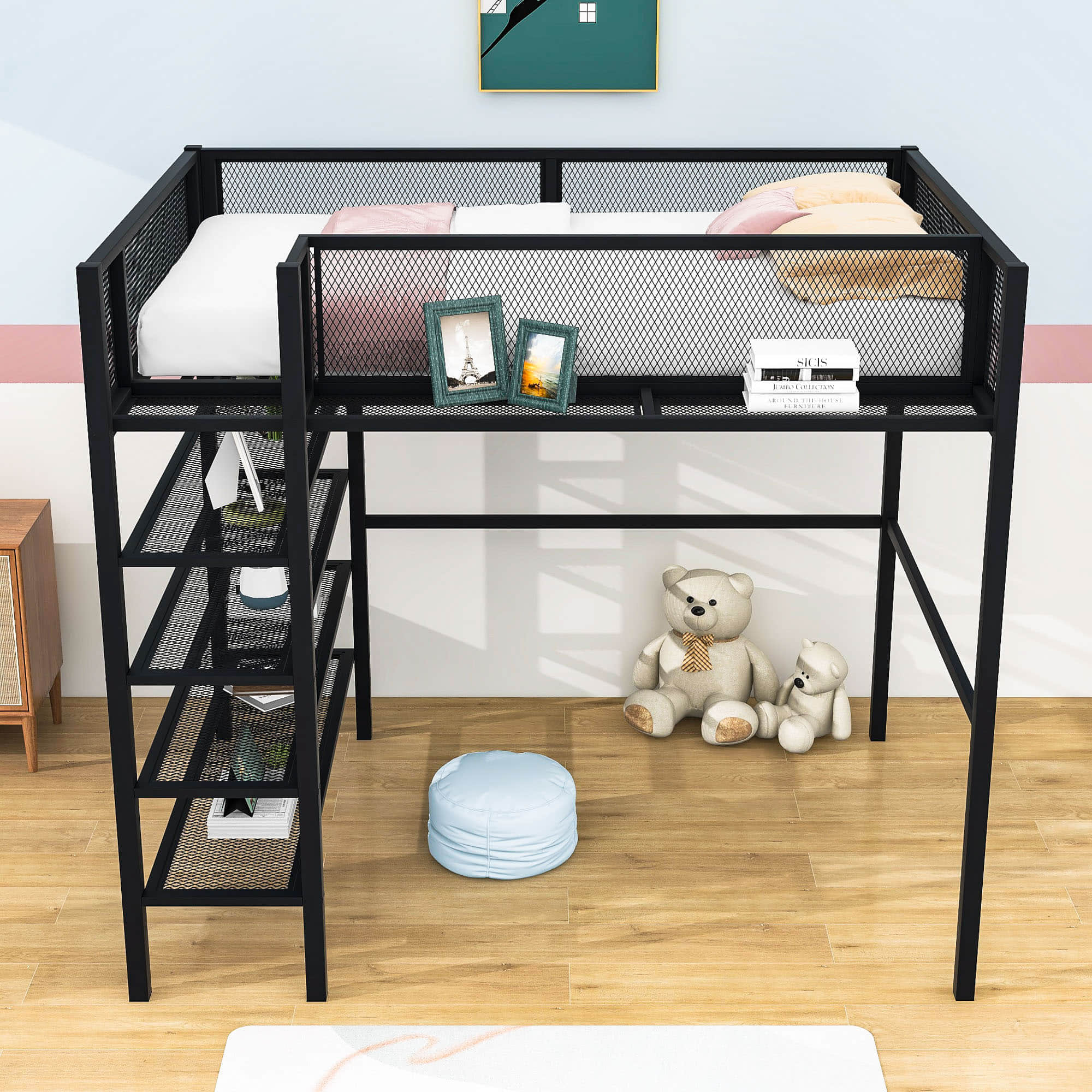 Sturdy Twin Metal Loft Bed Frame with Storage Shelves for Adults, Kids