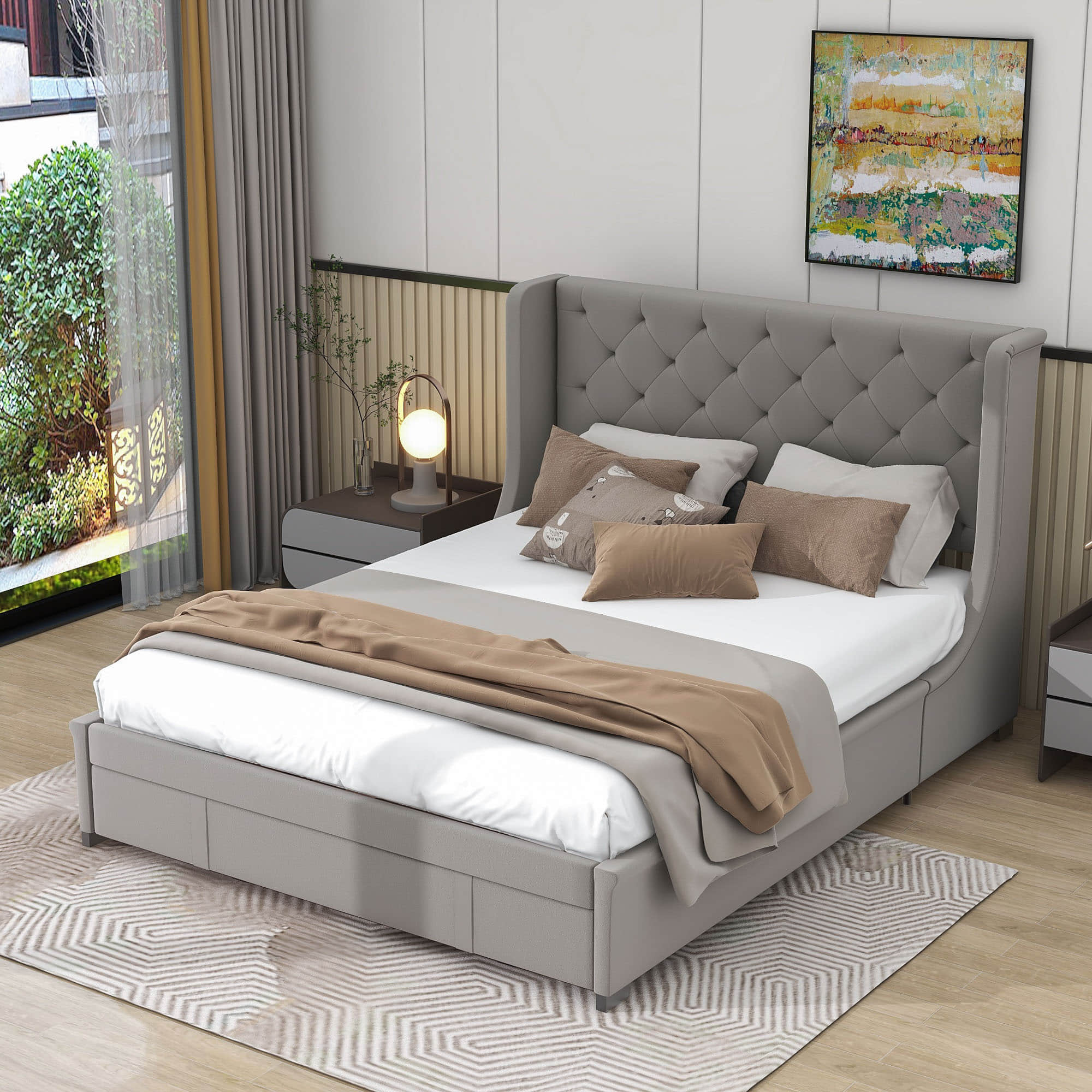 Queen Upholstered Bed Frame with Wingback Headboard and Storage