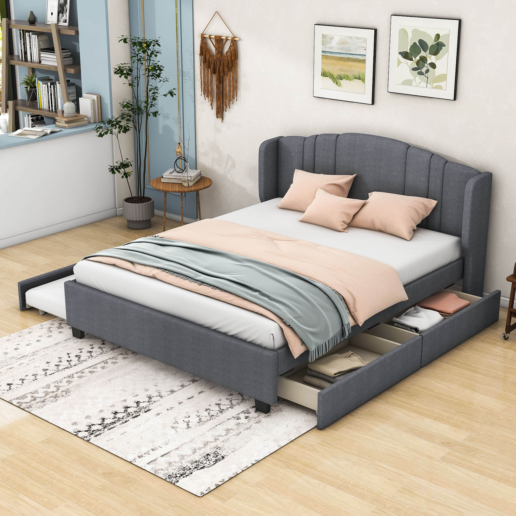 Modern Upholstered Queen Platform Bed Frame with Headboard and Storage