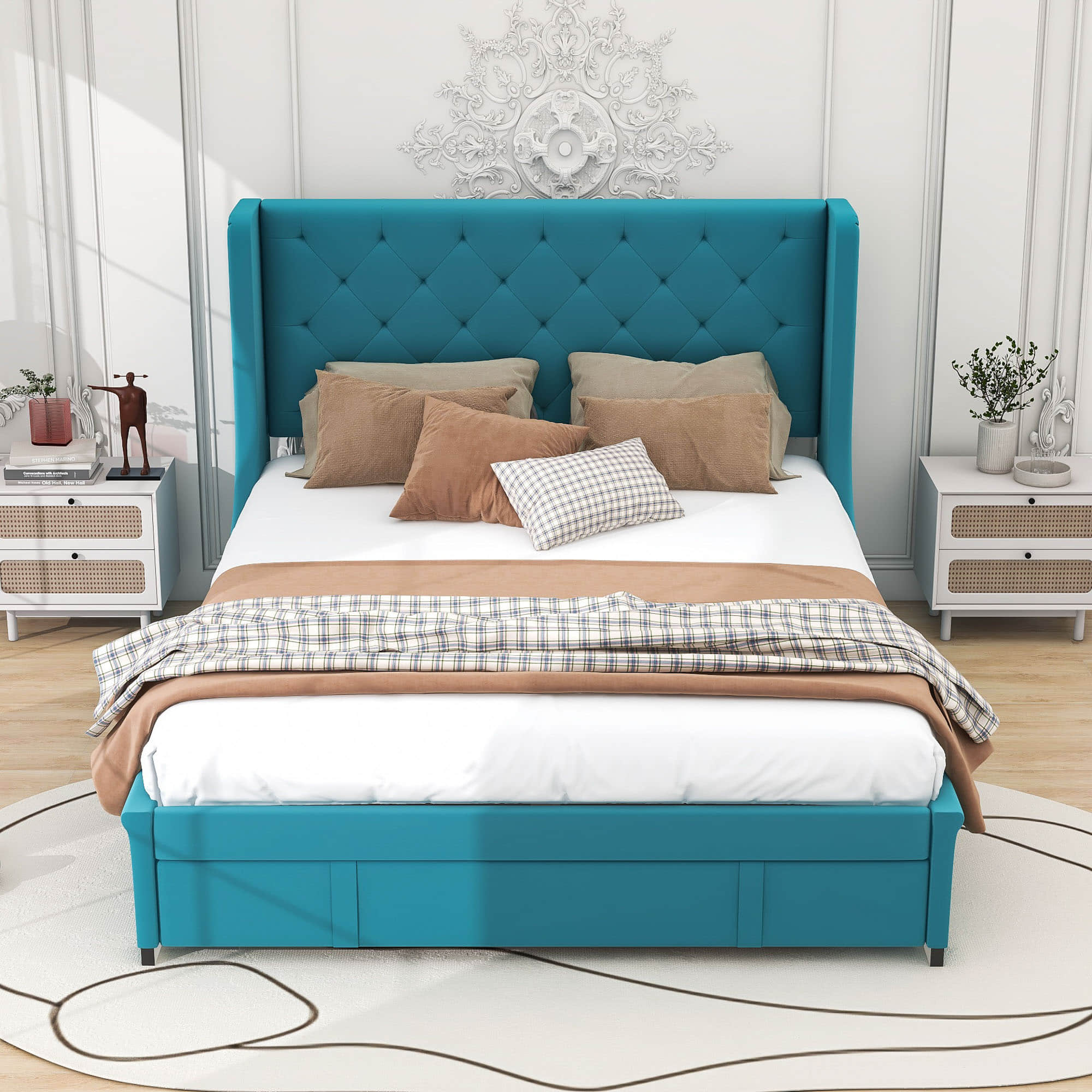 Queen Upholstered Bed Frame with Wingback Headboard and Storage