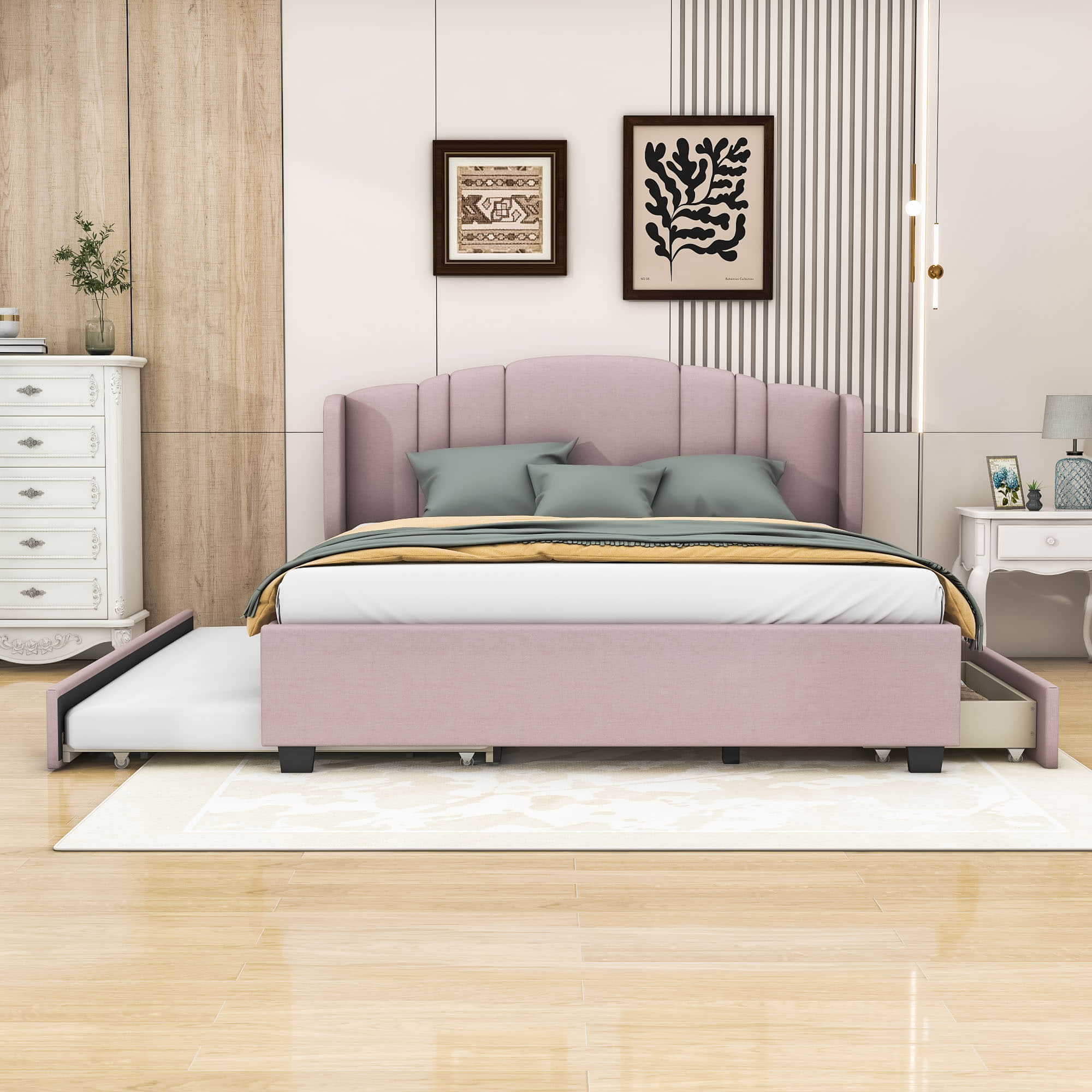 Modern Upholstered Queen Platform Bed Frame with Headboard and Storage