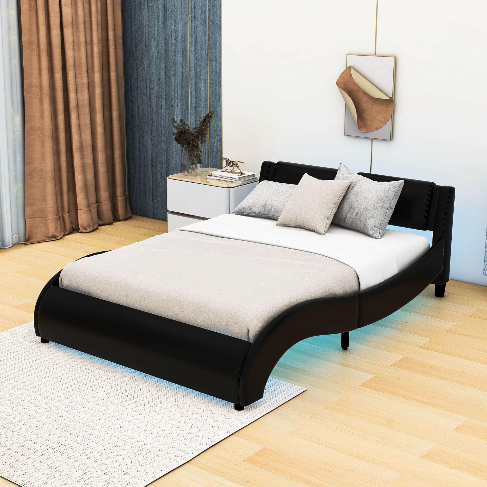 Modern Queen Upholstered Platform Bed Frame with Headboard and Lights