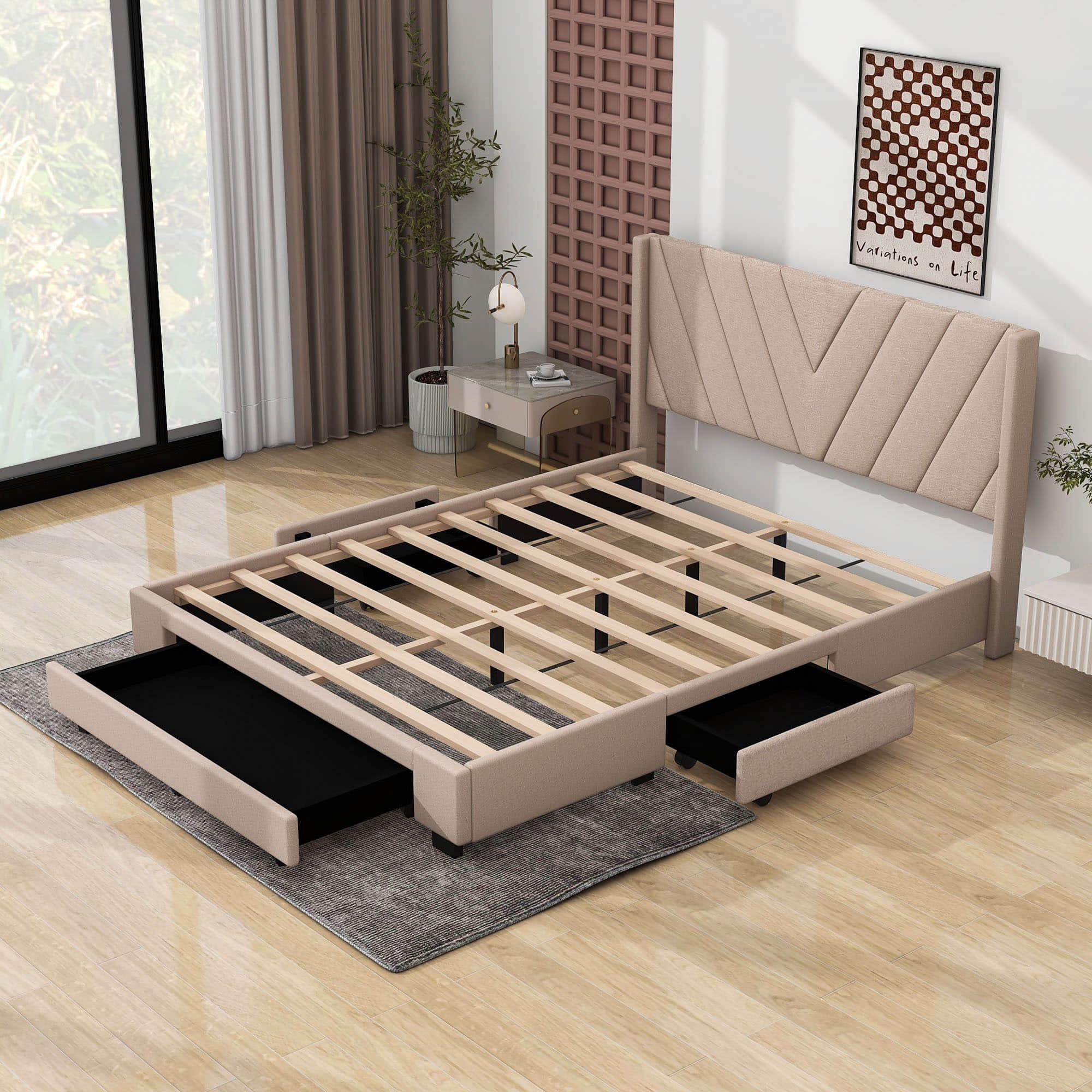 Queen Size Upholstered Platform Bed with Storage and Headboard - [Drawers, Linen]