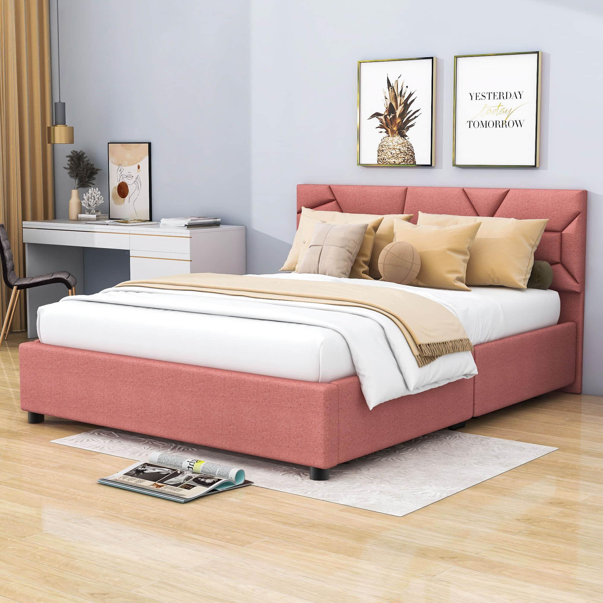 Queen Upholstered Platform Bed Frame with Headboard, Under Bed Storage