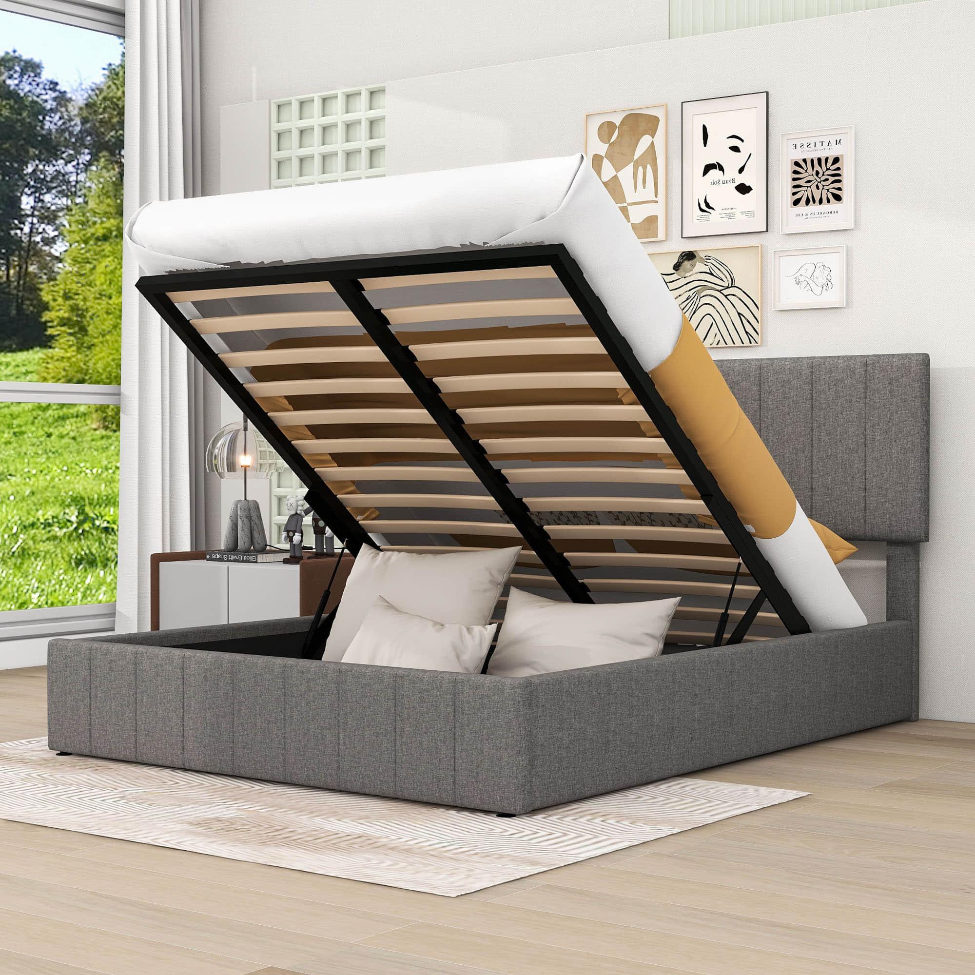 Modern Queen Upholstered Bed Frame with Storage - Hydraulic Lift System