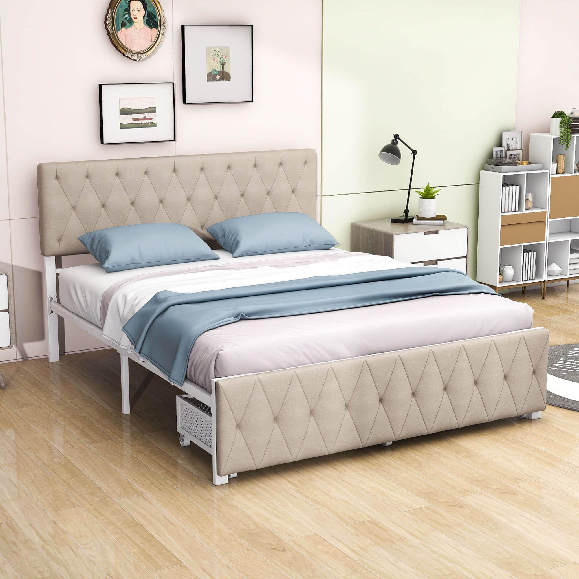 Metal Queen Size Upholstered Storage Bed with Headboard and Drawers