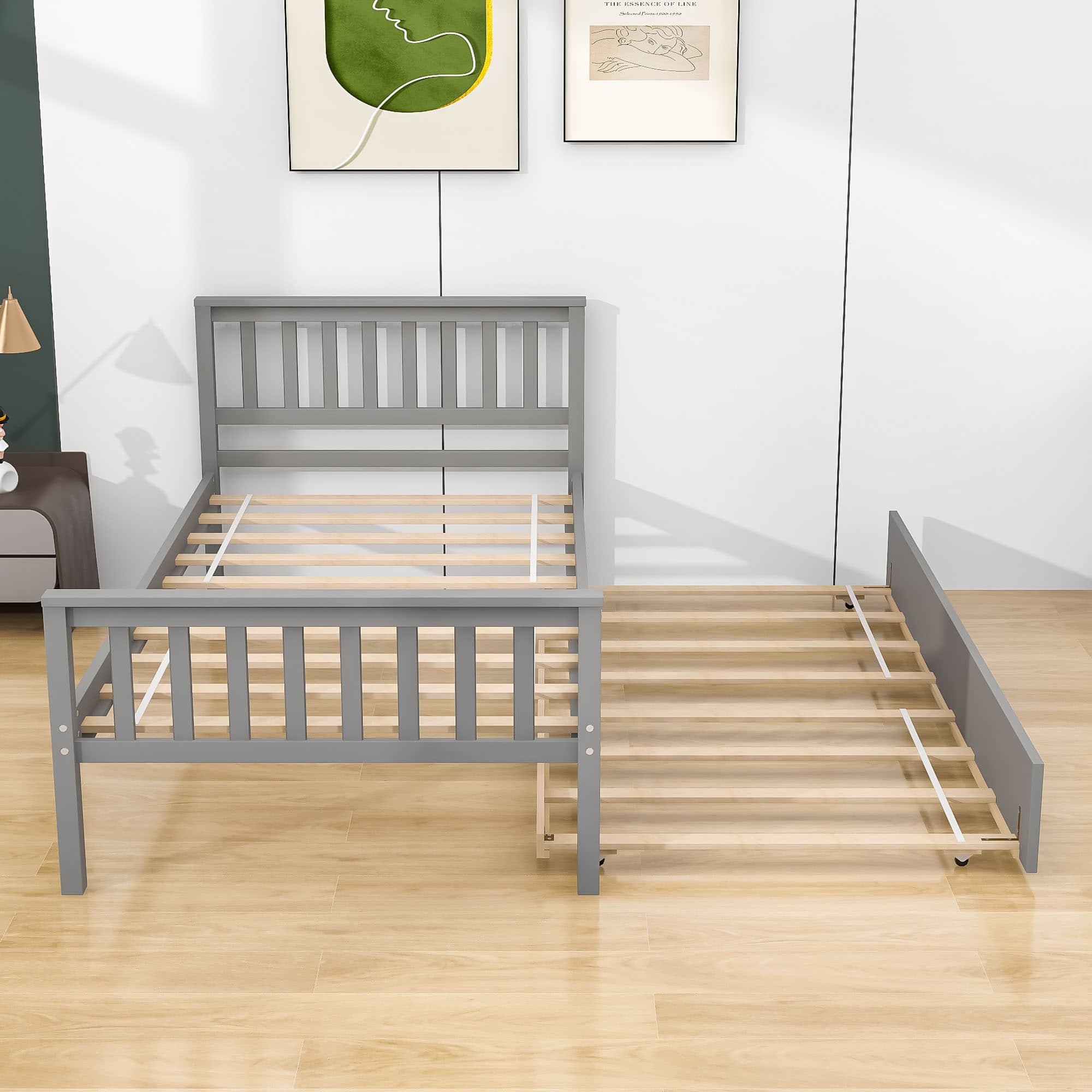 Twin Platform Bed Frame with Twin Trundle and Headboard - [Wooden, Footboard]