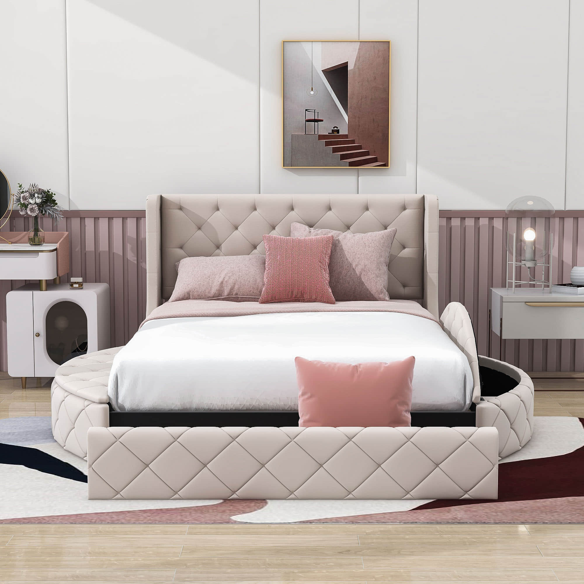 Upholstered Queen Platform Bed Frame with Wingback Headboard and Storage