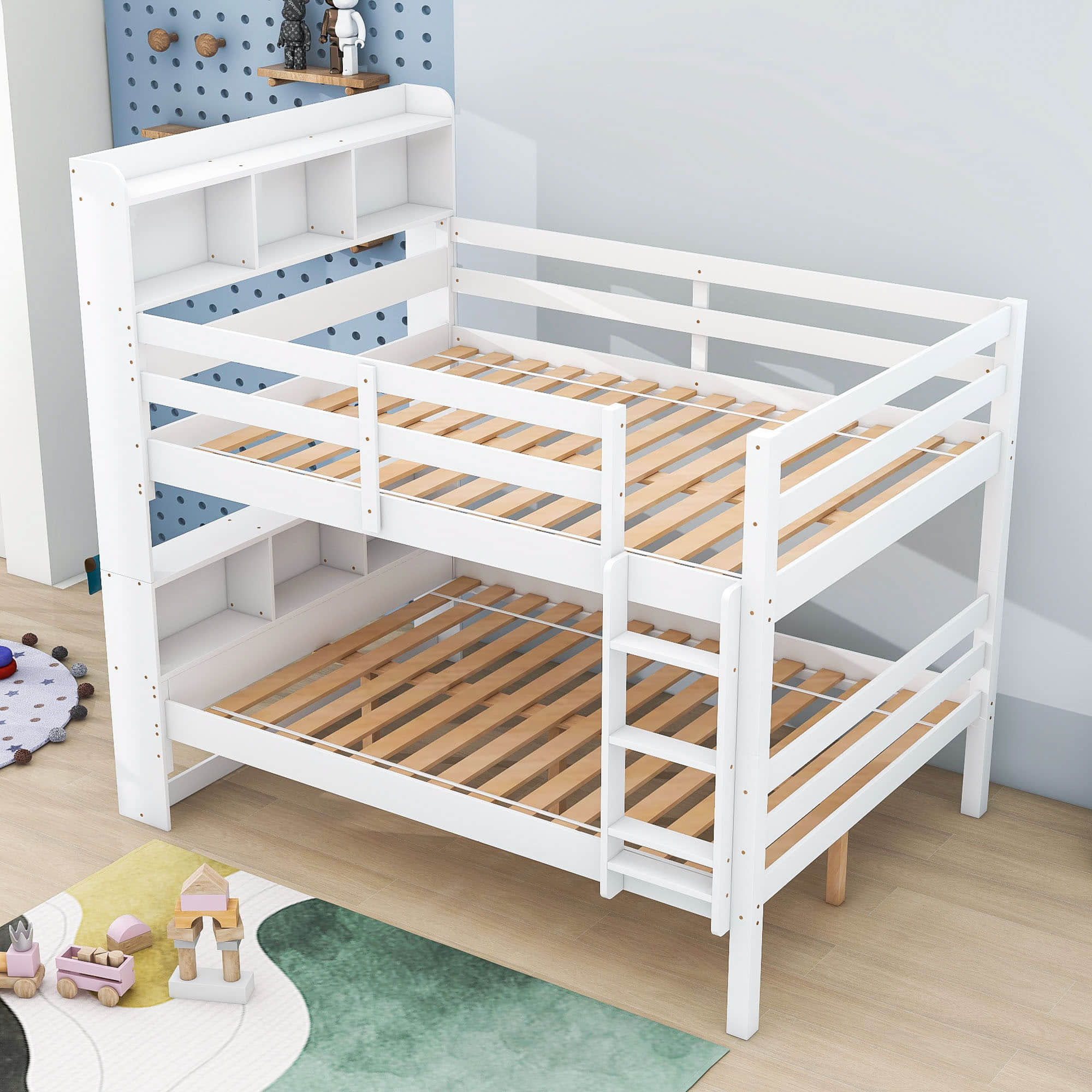 Solid Wood Convertible Full Over Full Bunk Beds with Bookcase Headboard