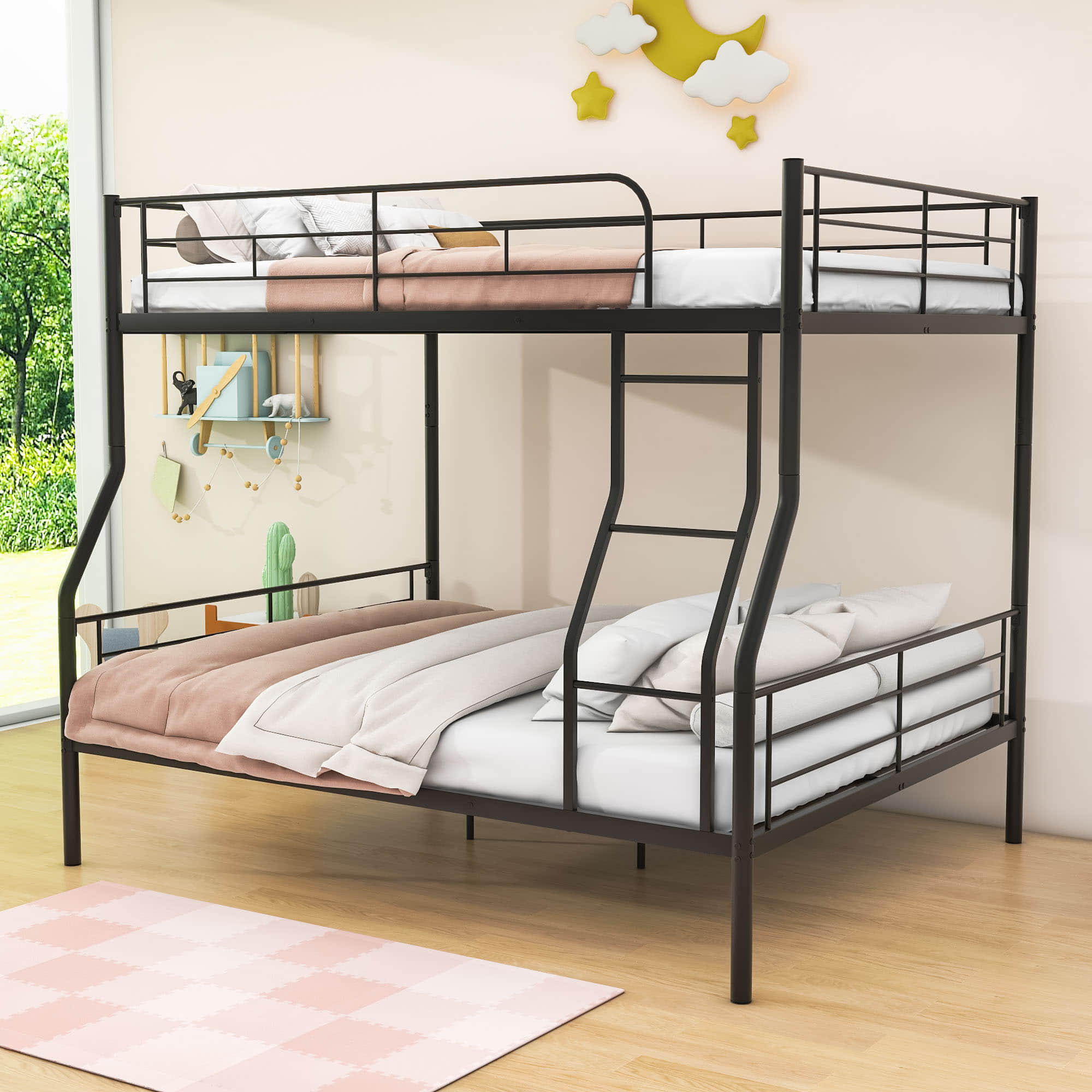 Full XL Over Queen Convertible Metal Bunk Beds for Adults, Kids