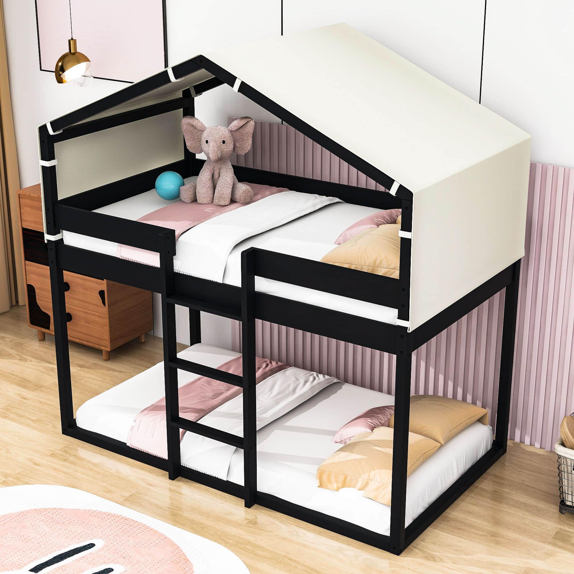 Solid Wood Low Twin Over Twin House Bunk Beds with Tent for Kids Toddler