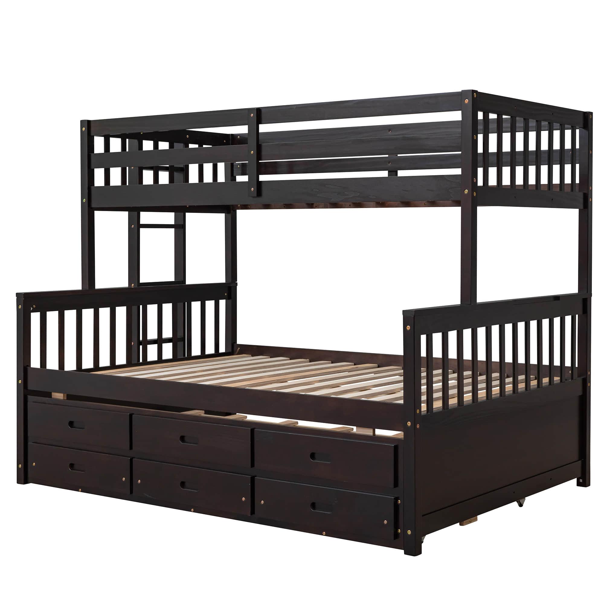 Wooden Twin Over Full Convertible Bunk Beds with Trundle and Storage