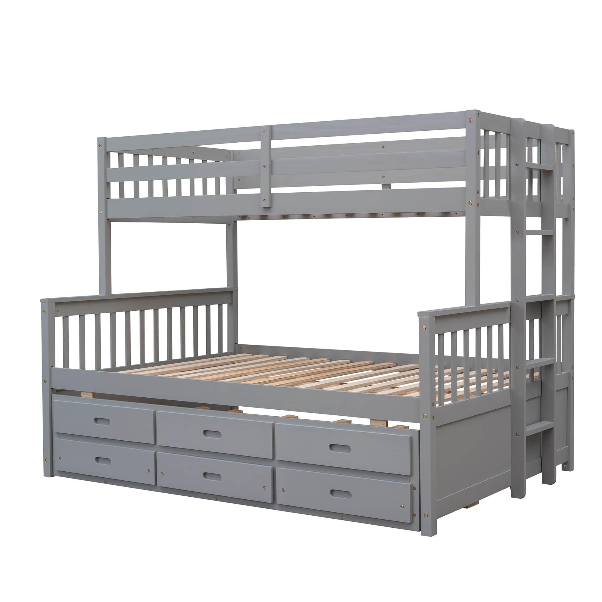 Wooden Twin Over Full Convertible Bunk Beds with Trundle and Storage