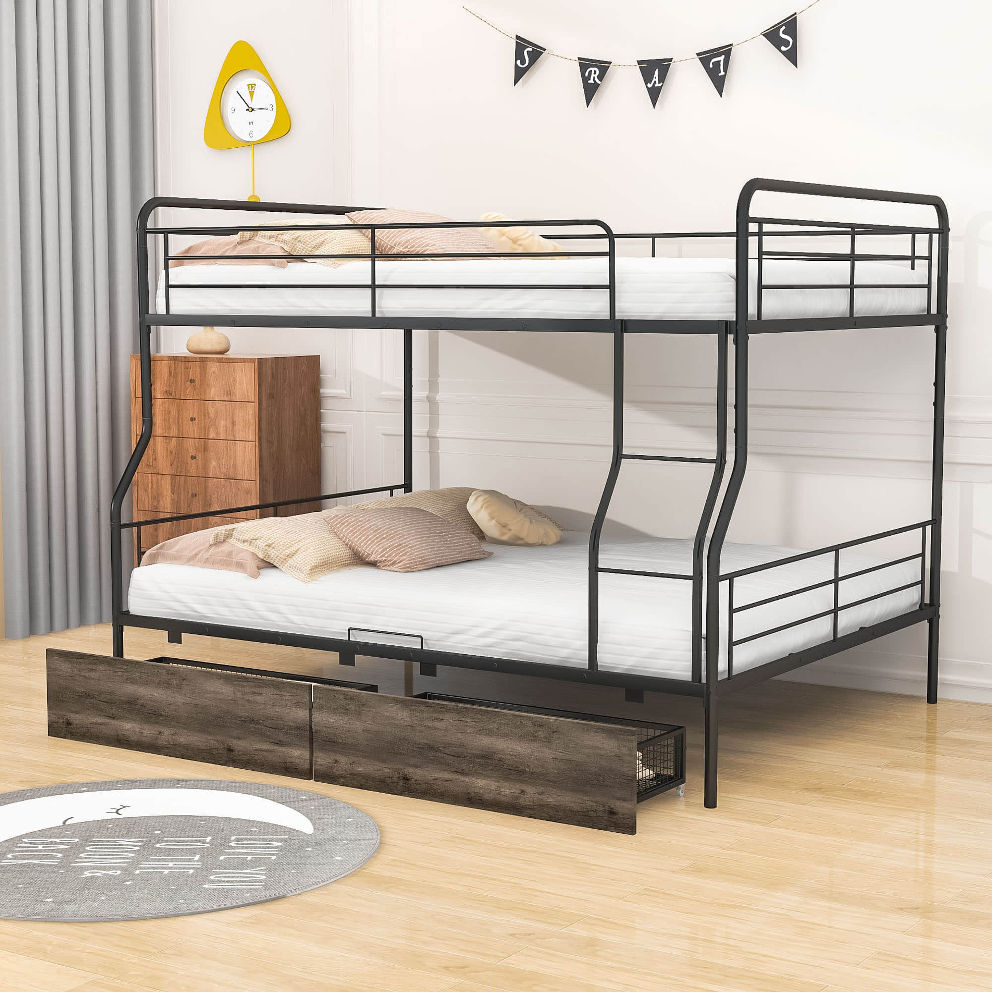 Convertible Metal Full XL Over Queen Bunk Beds with Storage Drawers