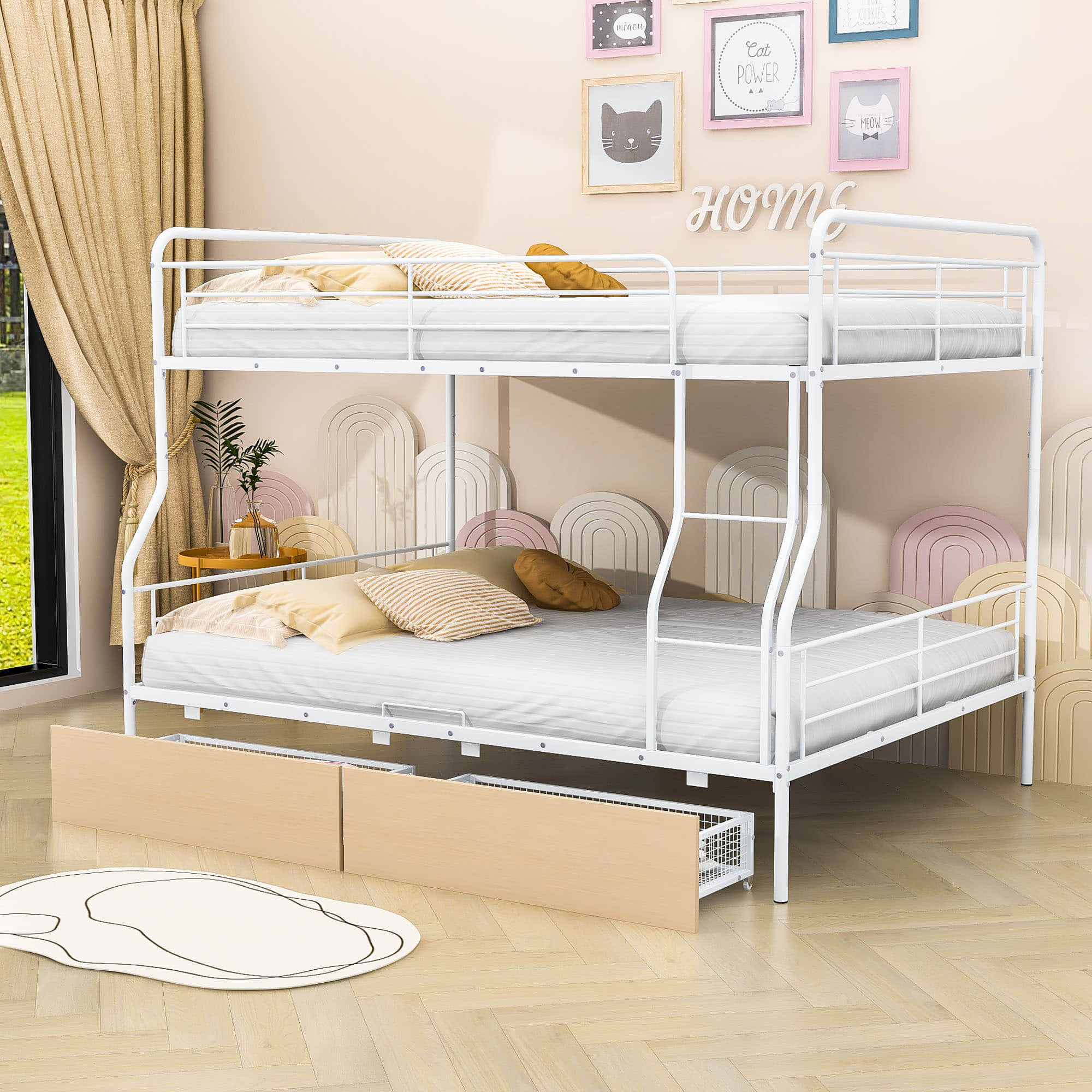 Convertible Metal Full XL Over Queen Bunk Beds with Storage Drawers