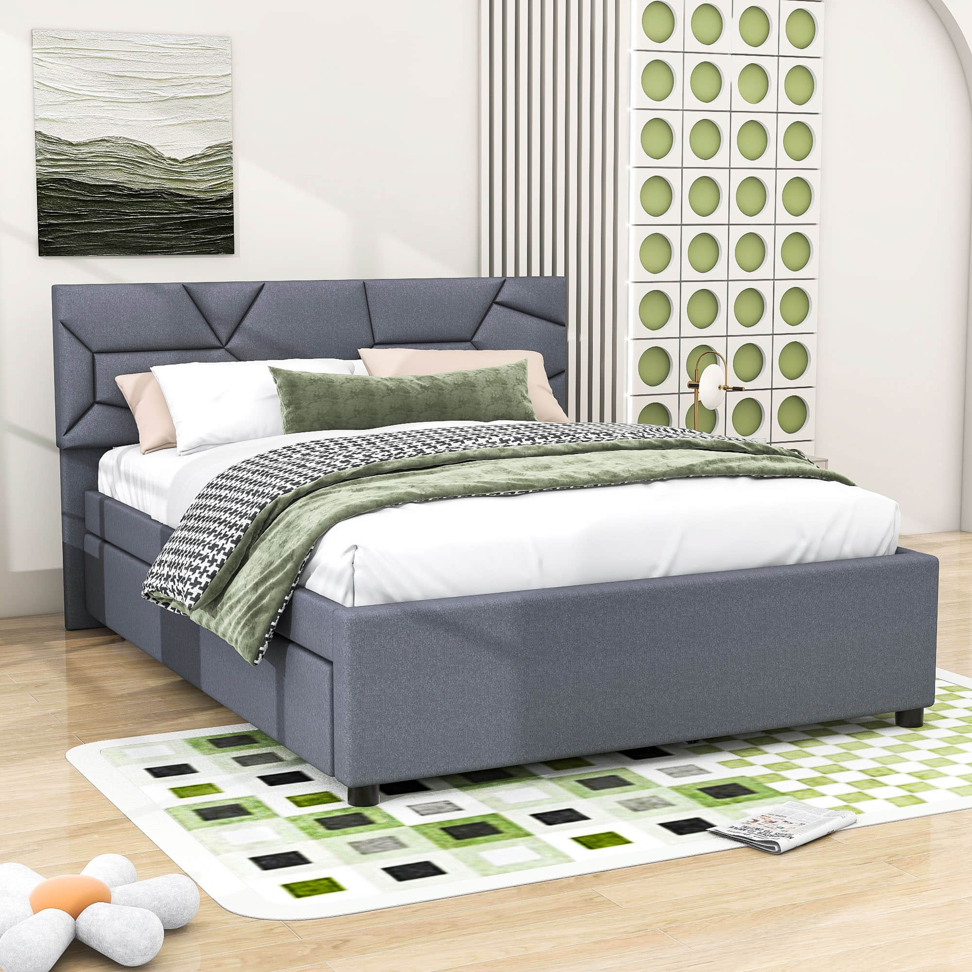 Queen Platform Upholstered Bed Frame with Headboard, Twin XL Trundle Bed