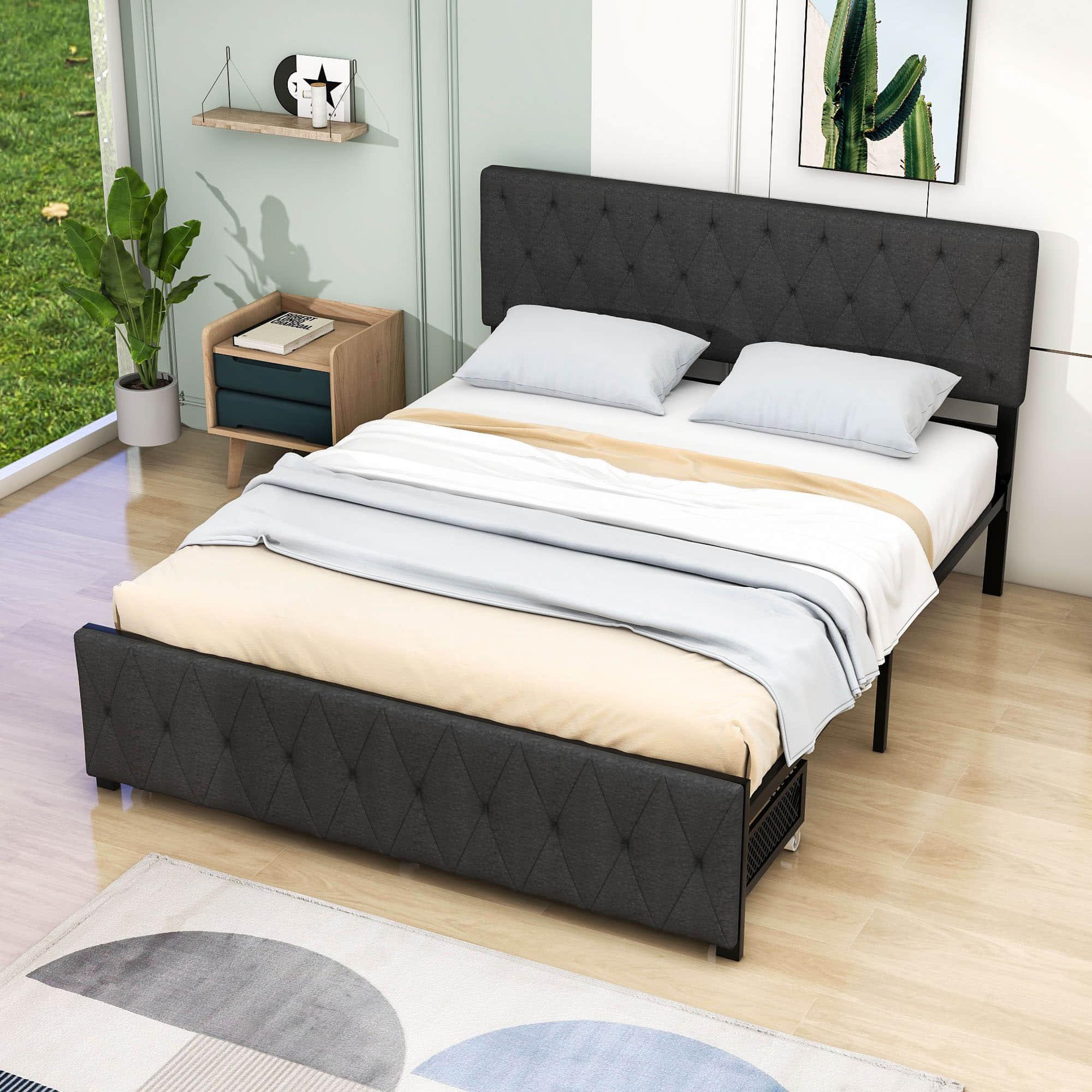 Metal Queen Size Upholstered Storage Bed with Headboard and Drawers