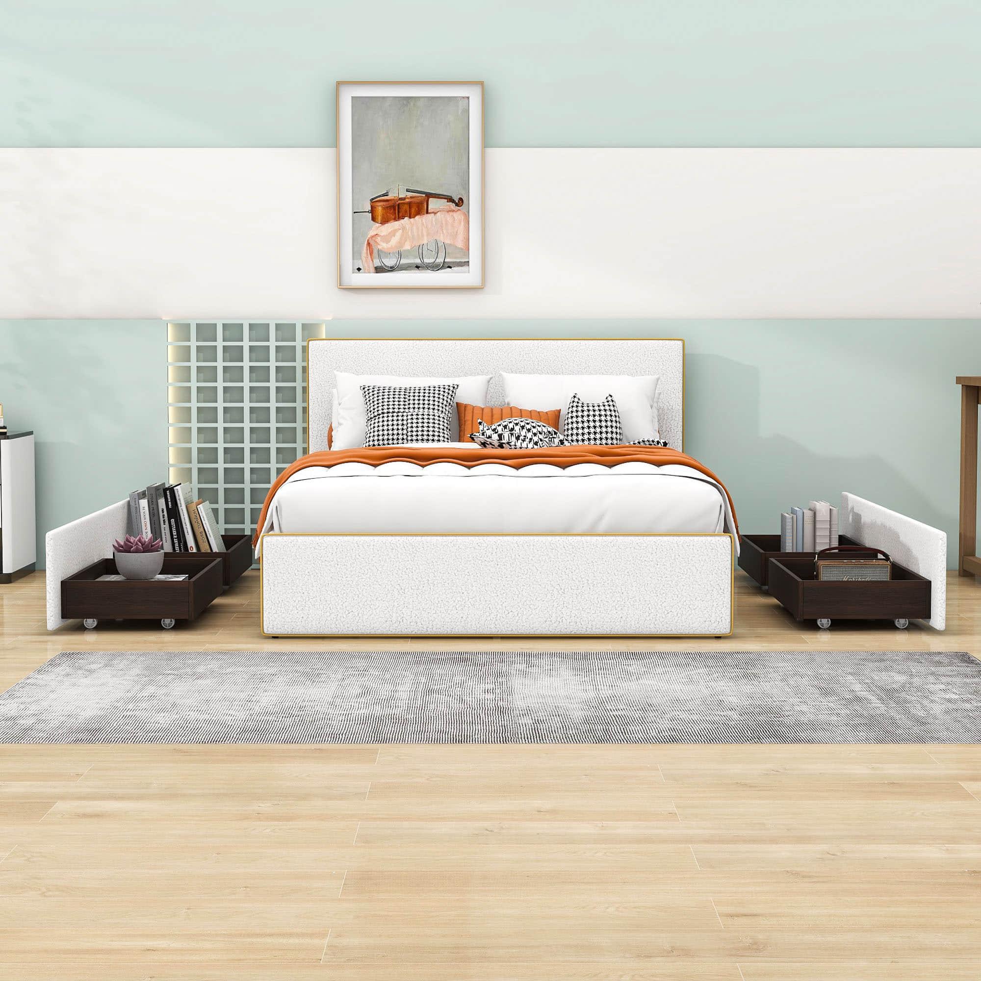 Full Upholstered Platform Bed Frame with Headboard and Storage