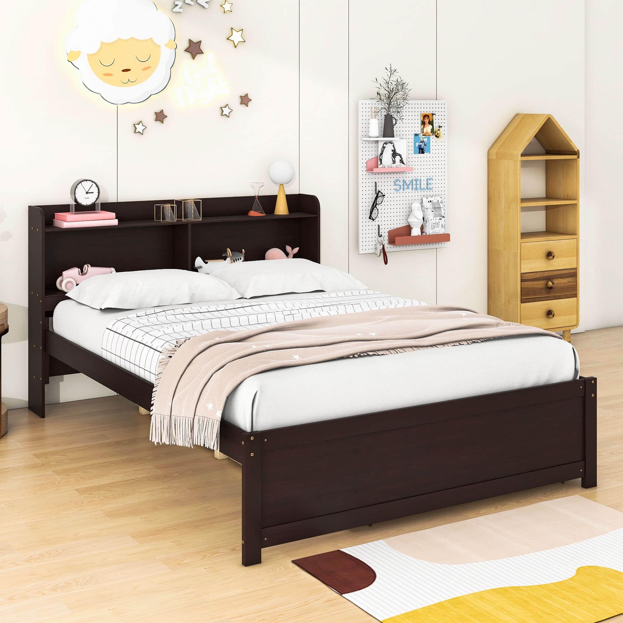 Wooden Full Size Platform Bed with Twin Trundle Bed and Storage Headboard - [Shelves]