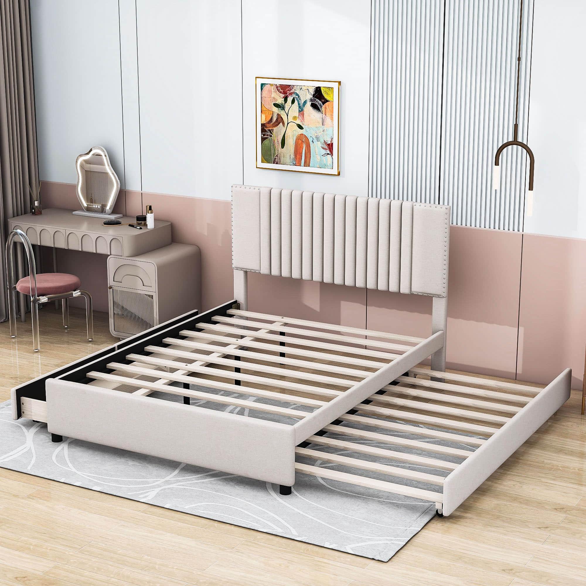 Upholstered Full Size Platform Bed Frame with Storage and Twin Trundle - [Drawers, Headboard]