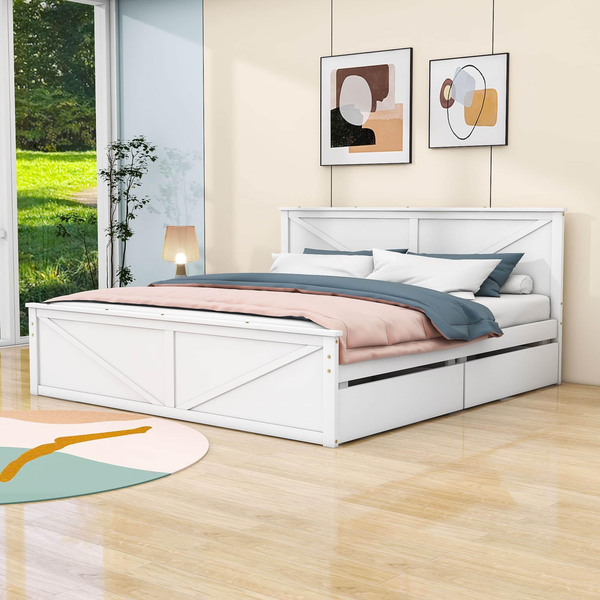 Wooden King Size Platform Bed with Storage and Headboard - [Drawers]