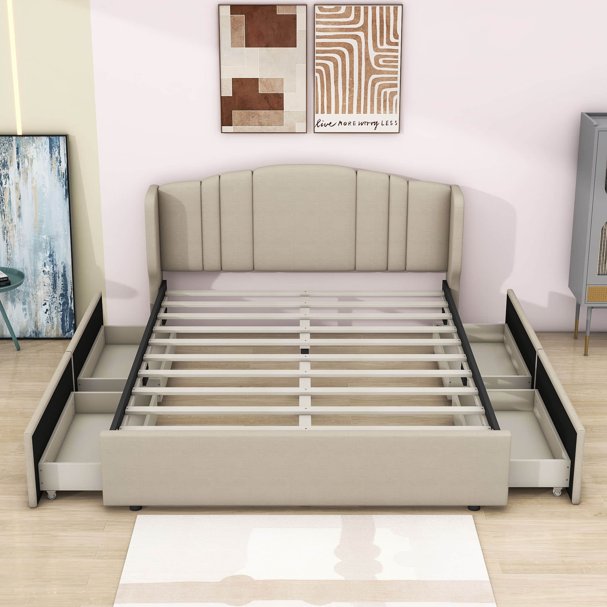 Queen Modern Upholstered Bed Frame with Headboard and Storage