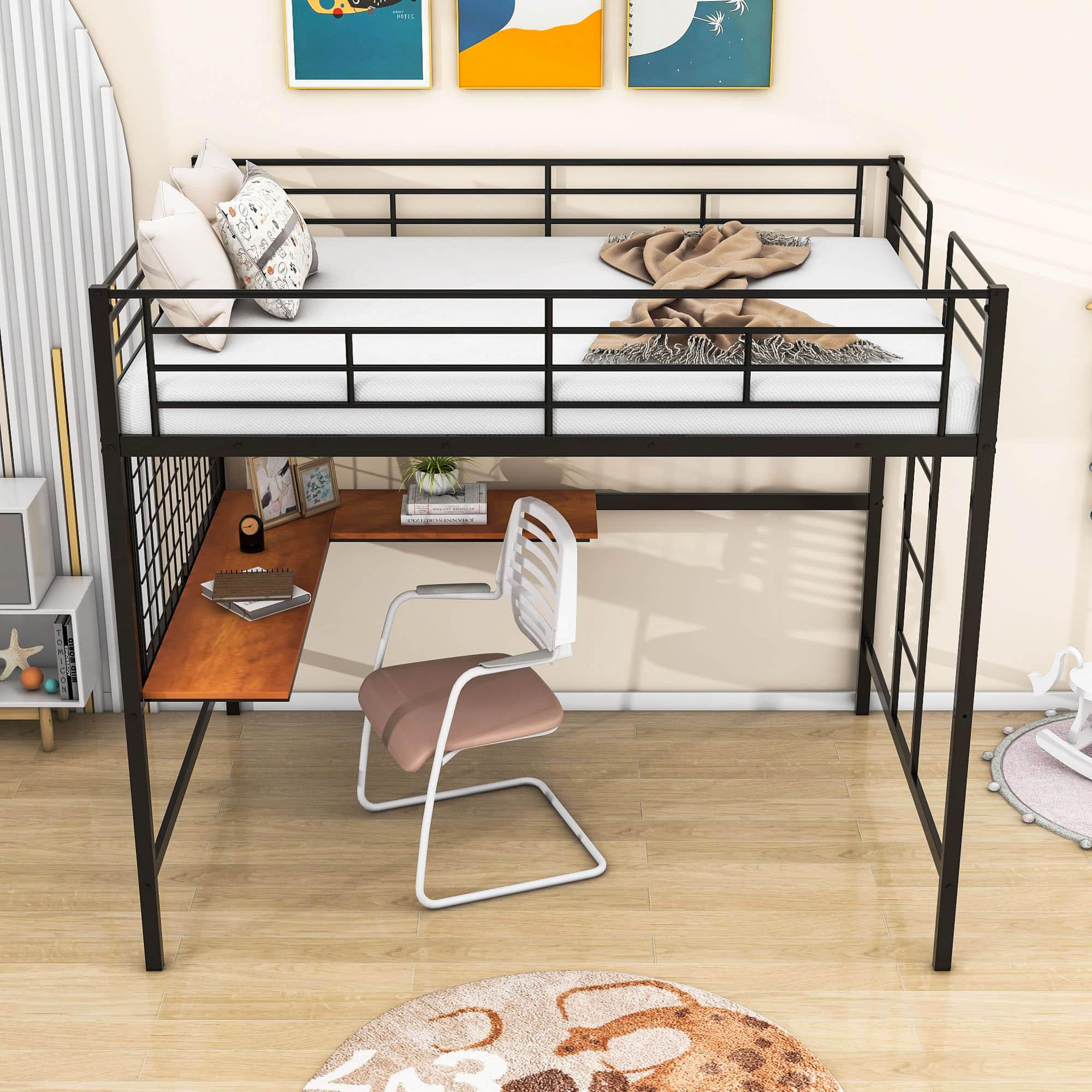 Metal Full Size Loft Bed with Desk and Grid for Kids, Adults, Teens