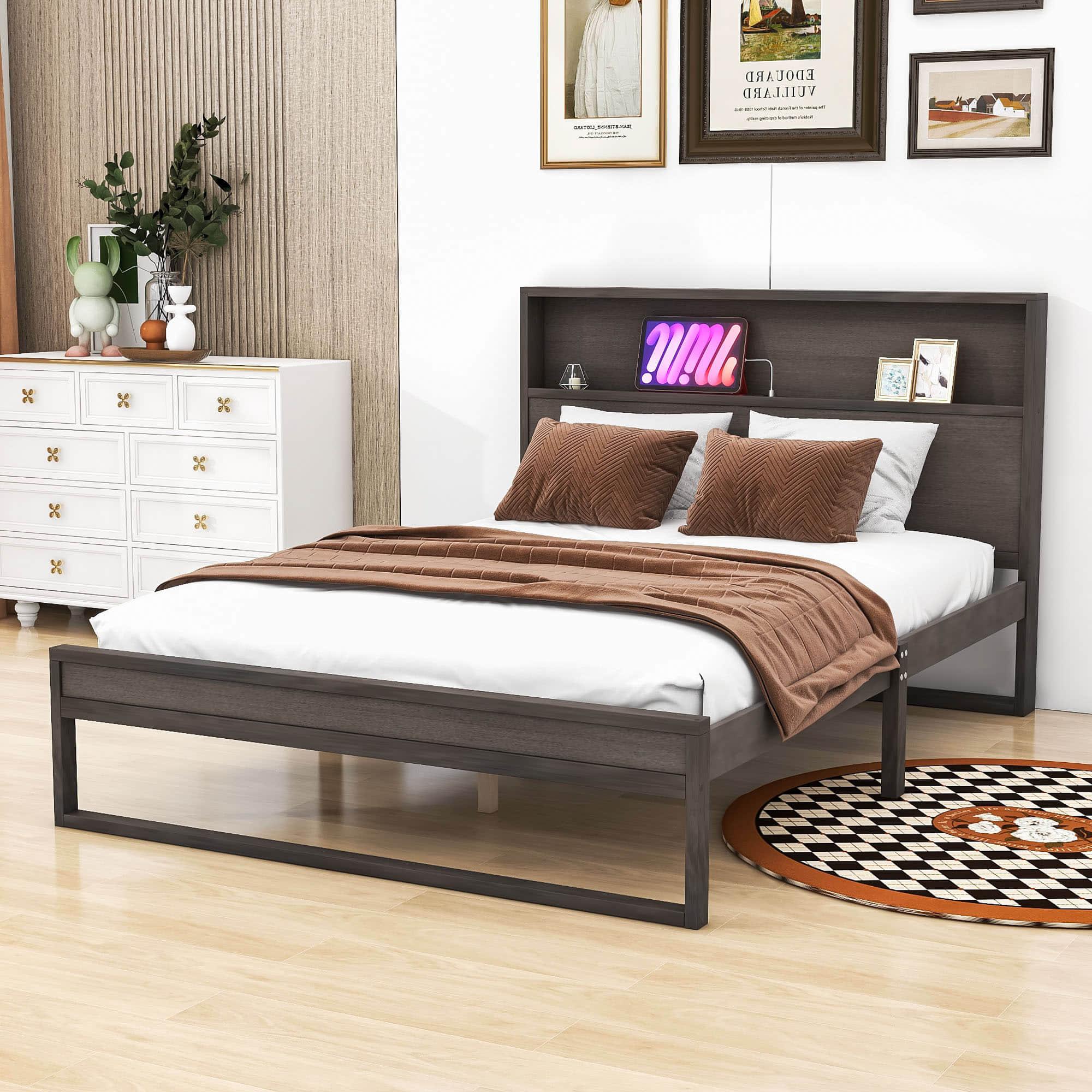 Smart Rustic Farmhouse Queen Size Platform Bed with Storage Headboard - [Sockets, USB Ports]