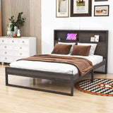 Smart Rustic Farmhouse Queen Size Platform Bed with Storage Headboard - [Sockets, USB Ports]