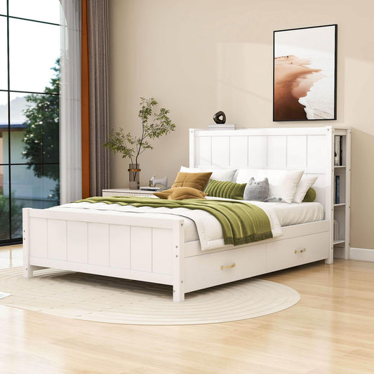 Wooden Full Size Platform Bed with Headboard and Storage - [Drawers, Shelves]