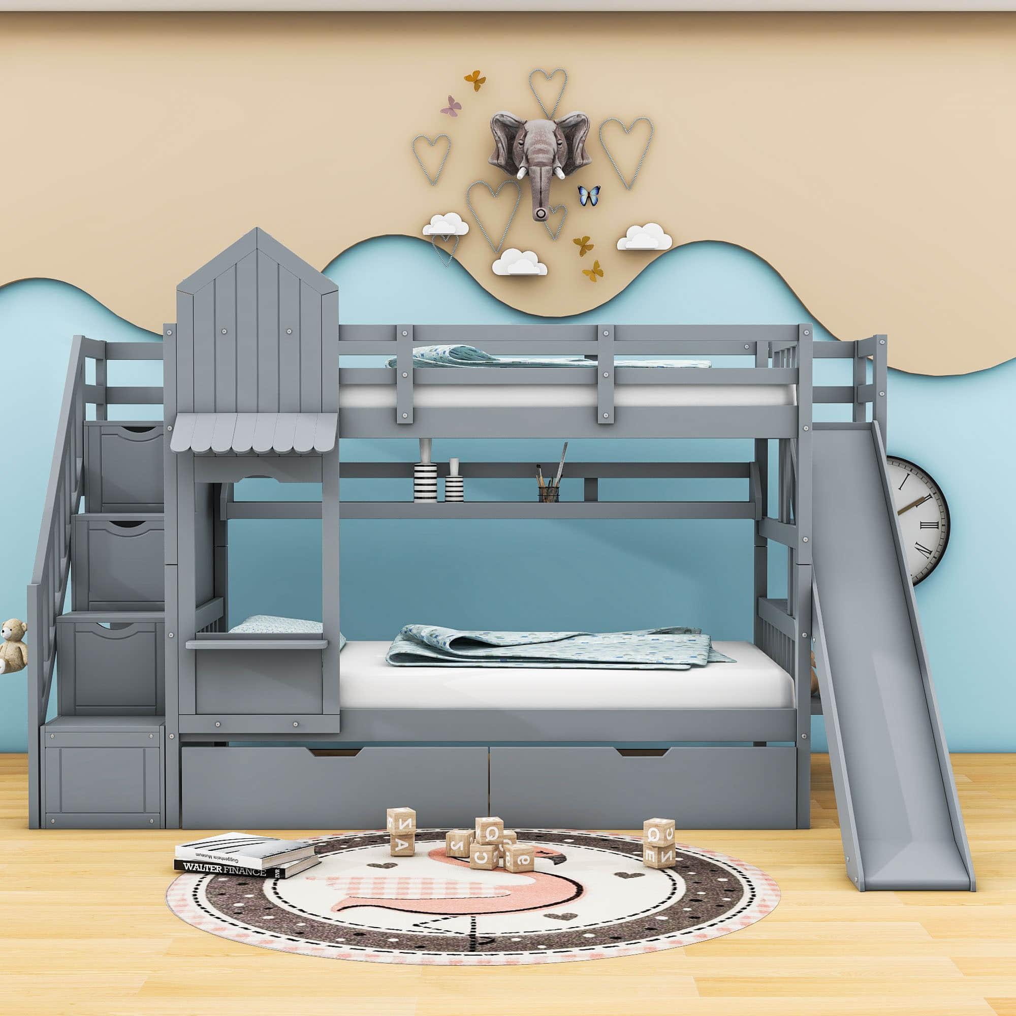 Girls Twin Over Twin Castle Bunk Bed with Slide and Stairs, Storage