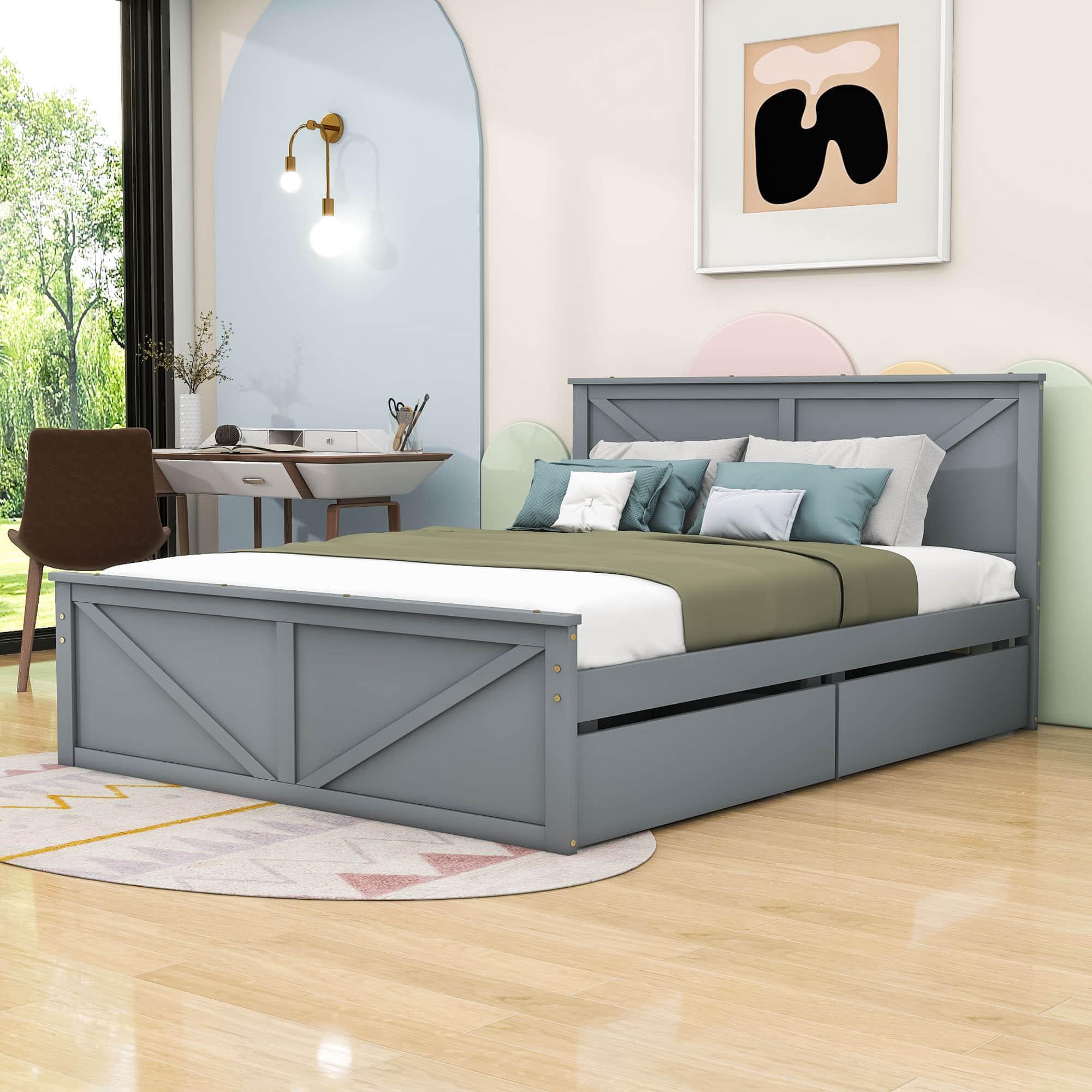 Queen Size Wooden Platform Bed with Headboard and Storage - [Drawers]