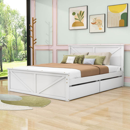 Queen Size Wooden Platform Bed with Headboard and Storage - [Drawers]