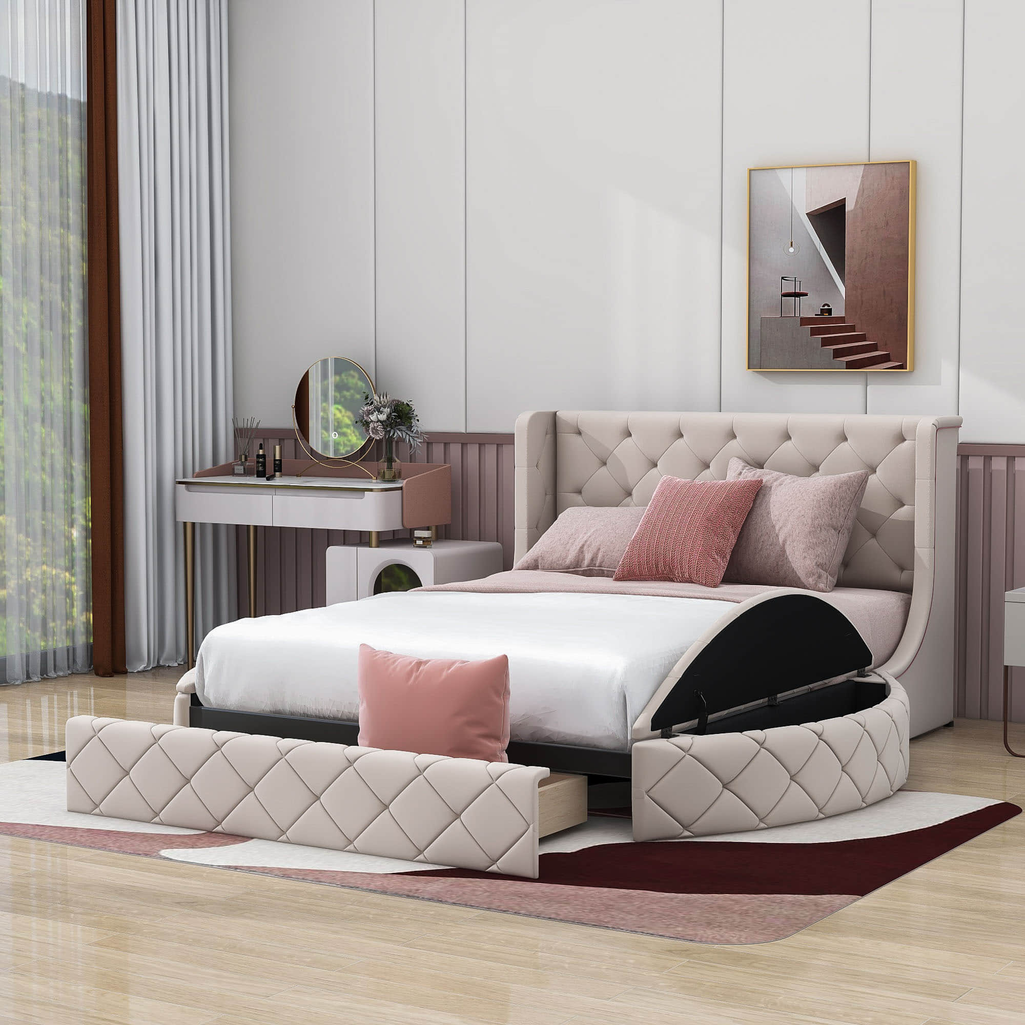 Upholstered Queen Platform Bed Frame with Wingback Headboard and Storage