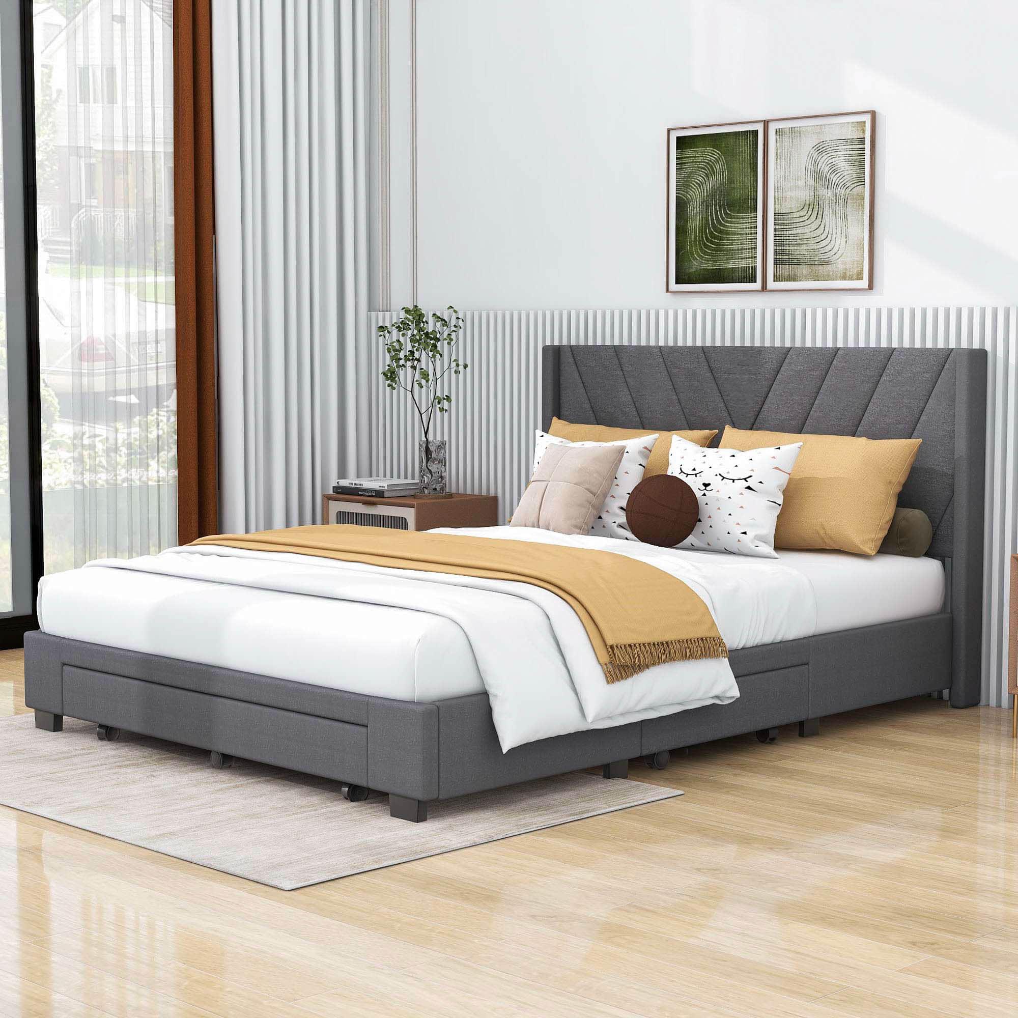 Queen Size Upholstered Platform Bed with Storage and Headboard - [Drawers, Linen]