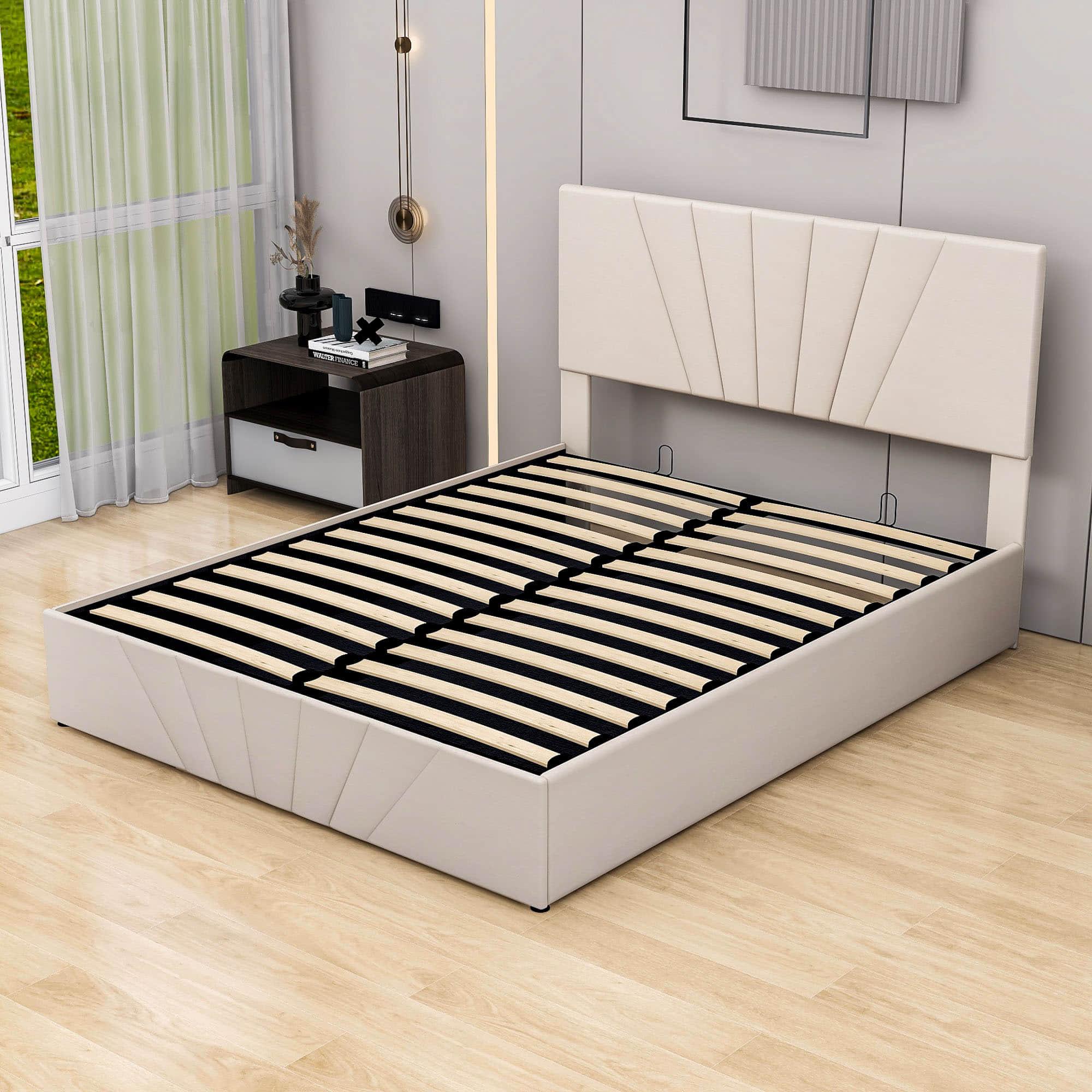 Upholstered Queen Size Platform Bed with Headboard and Hydraulic Storage System