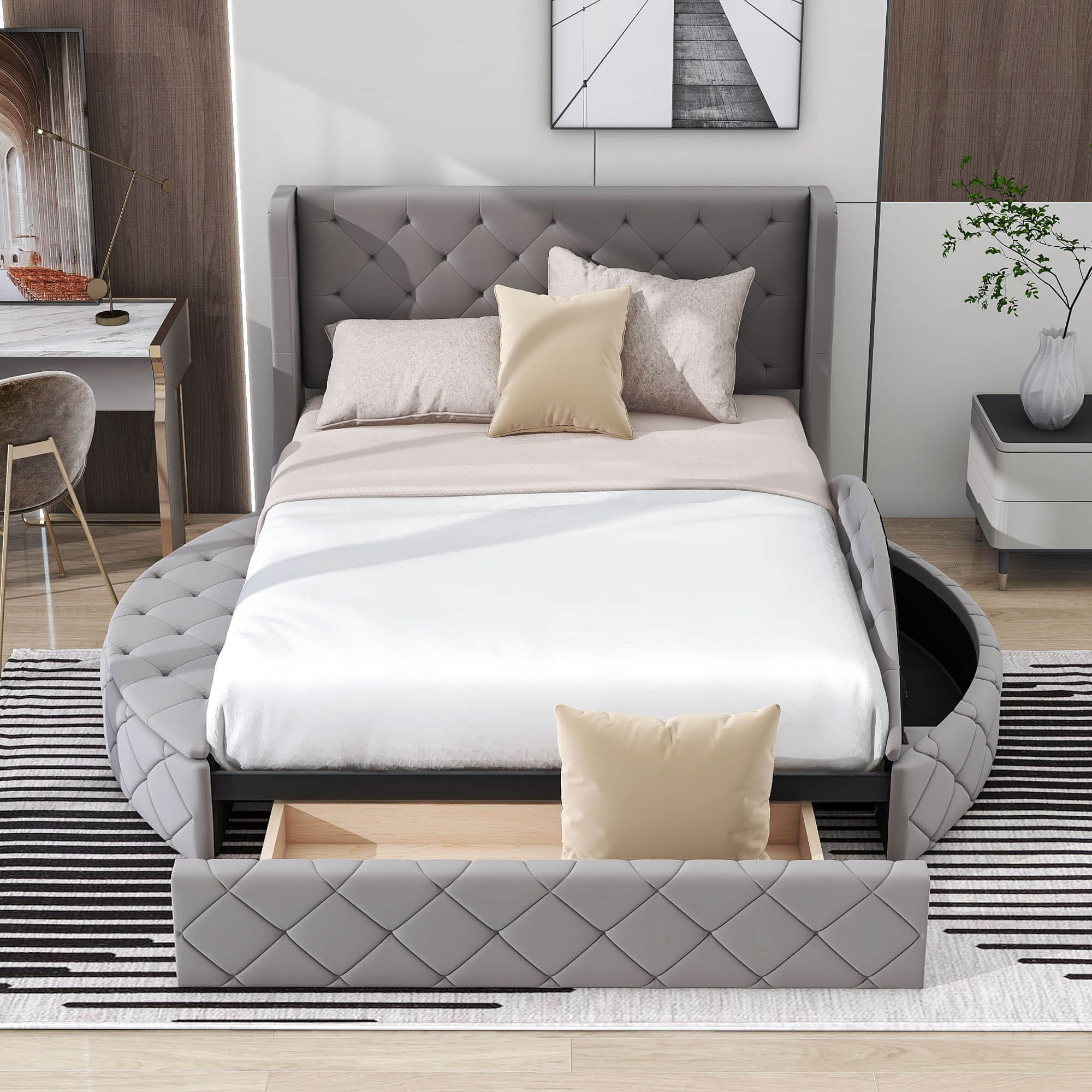 Upholstered Queen Platform Bed Frame with Wingback Headboard and Storage