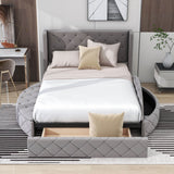 Upholstered Queen Platform Bed Frame with Wingback Headboard and Storage