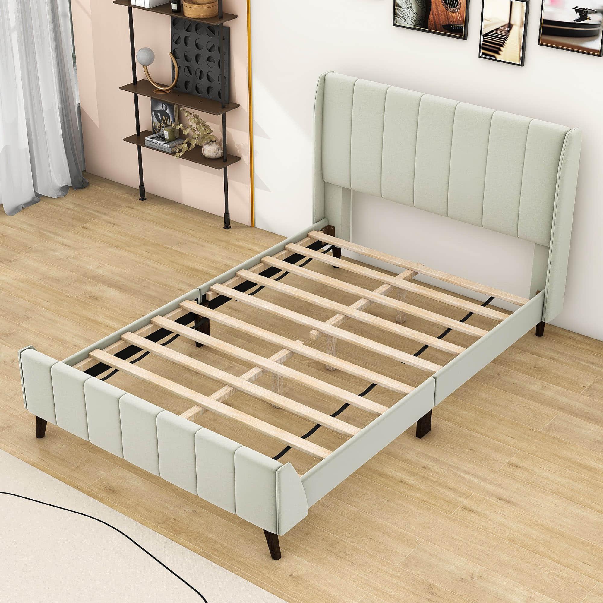 Modern Velvet Upholstered Full Size Bed Frame with Wingback Headboard