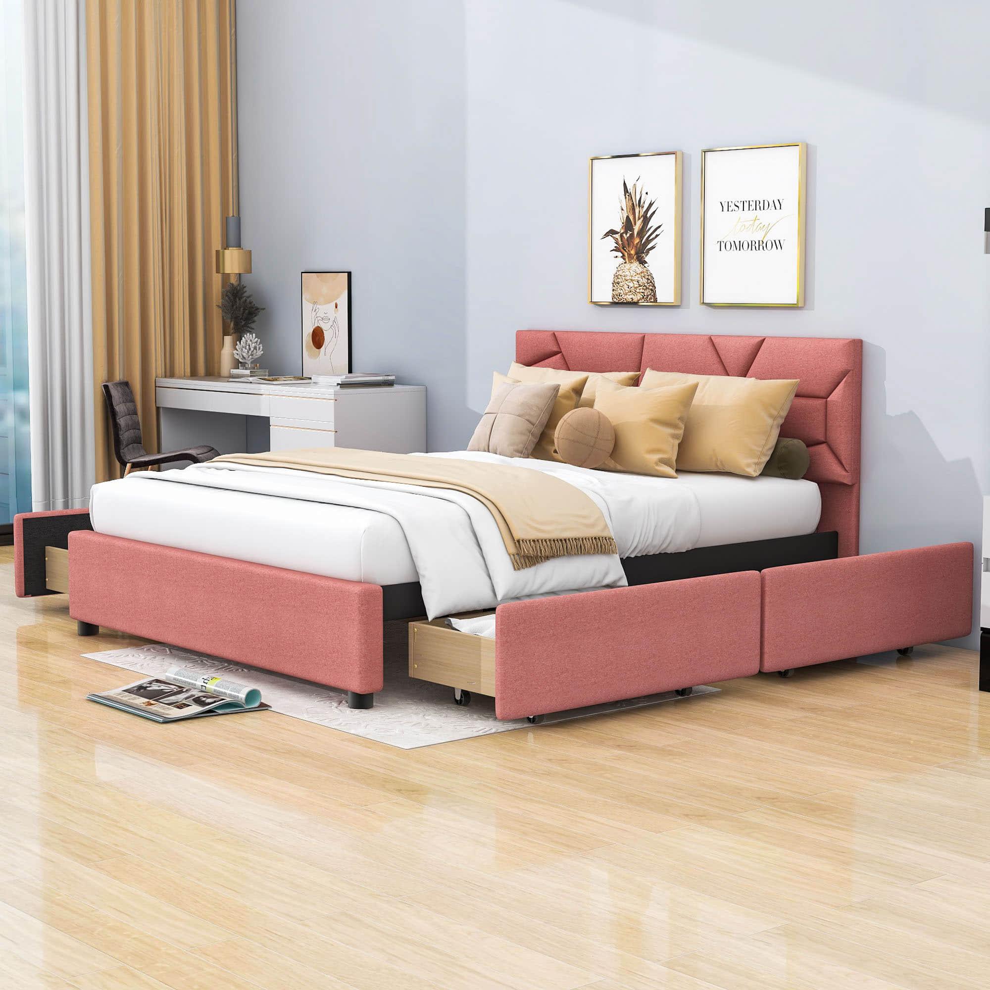 Queen Upholstered Platform Bed Frame with Headboard, Under Bed Storage