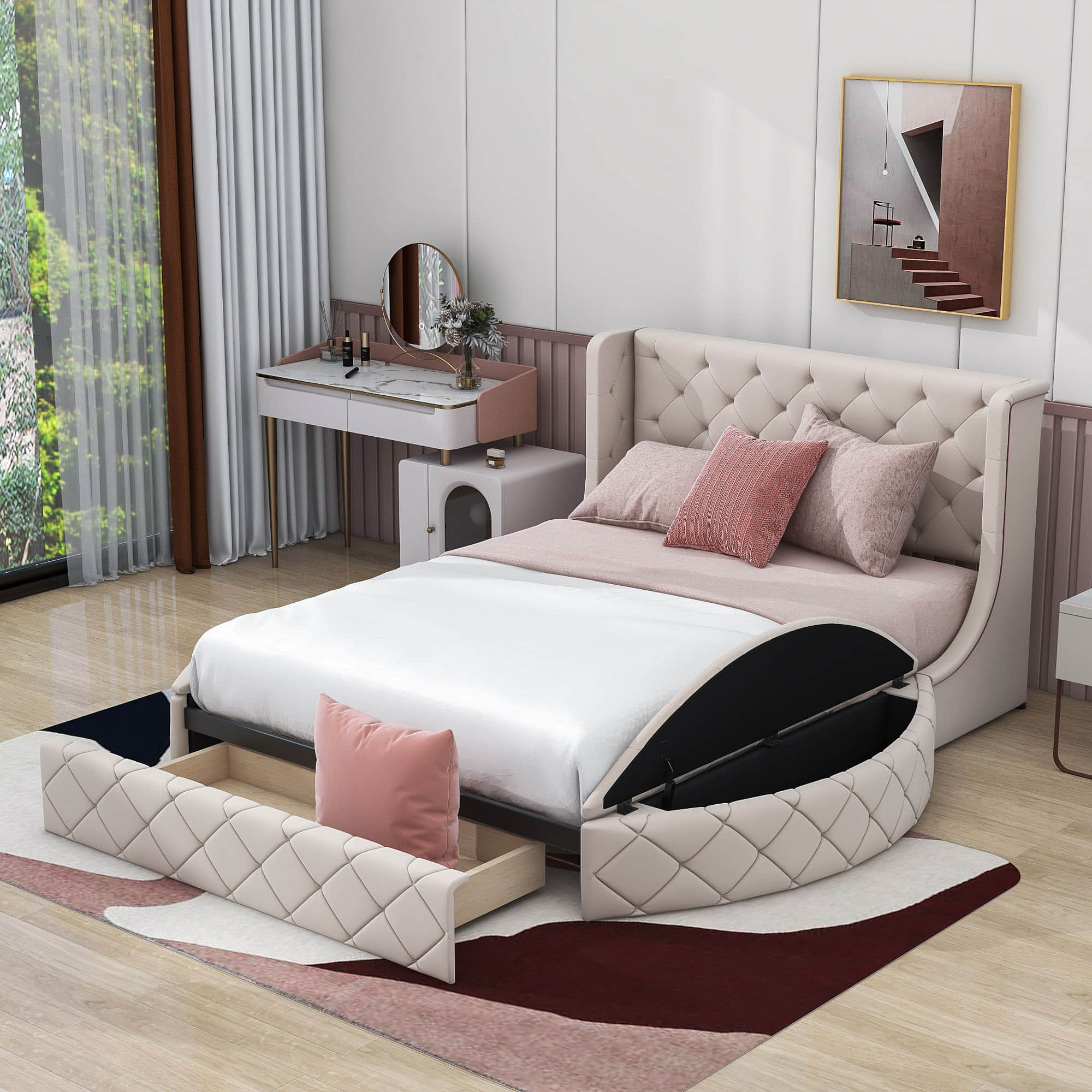 Upholstered Queen Platform Bed Frame with Wingback Headboard and Storage