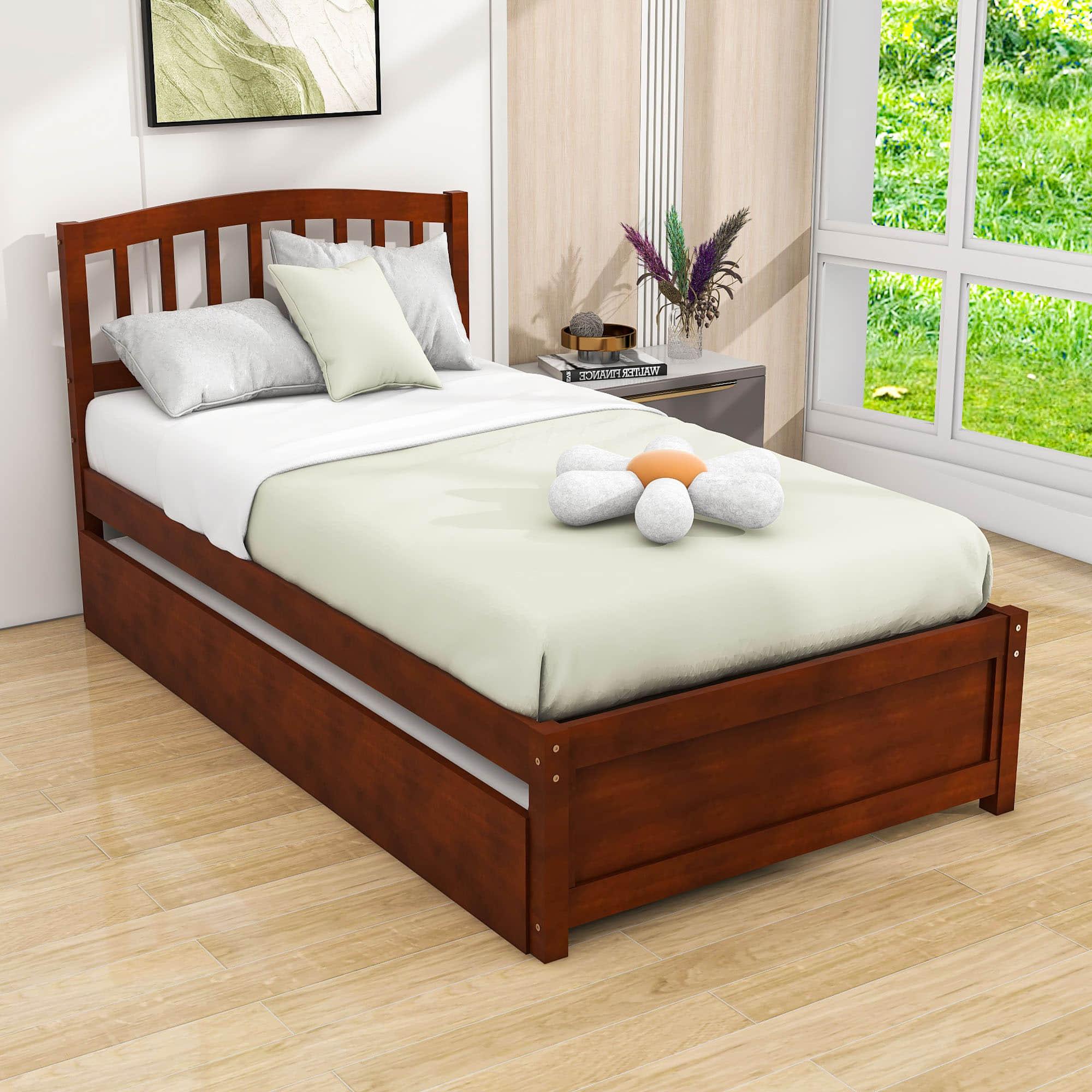 Wooden Twin Platform Bed with Trundle and Headboard