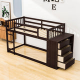 Low Twin Over Twin Bunk Beds with Detachable Storage Dresser - [Drawers, Shelves]