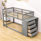 Low Twin Over Twin Bunk Beds with Detachable Storage Dresser - [Drawers, Shelves]